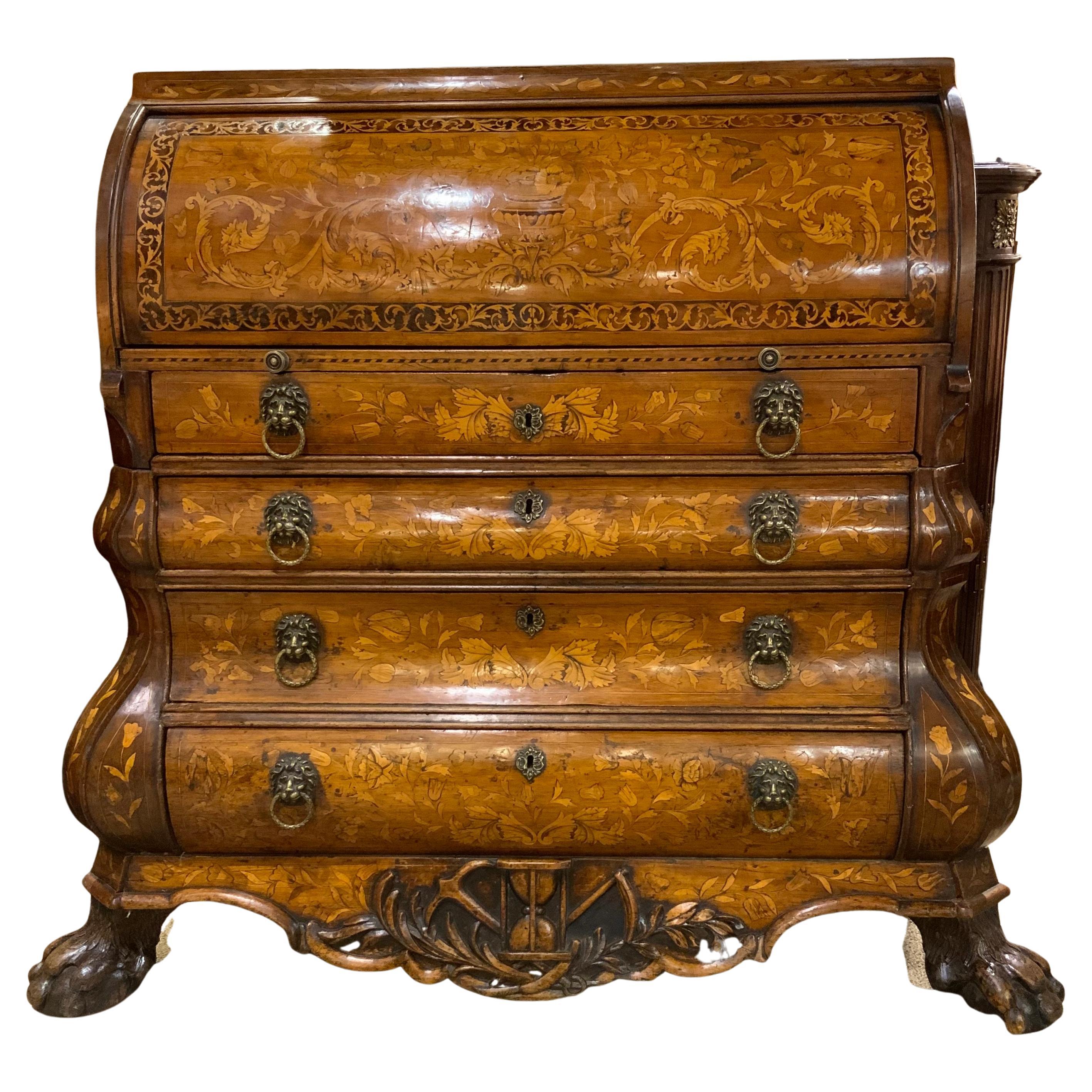 Dutch Marquetry Inlaid Cylinder Desk/Bureau 18 Th Century, Bombe’ Chest Form