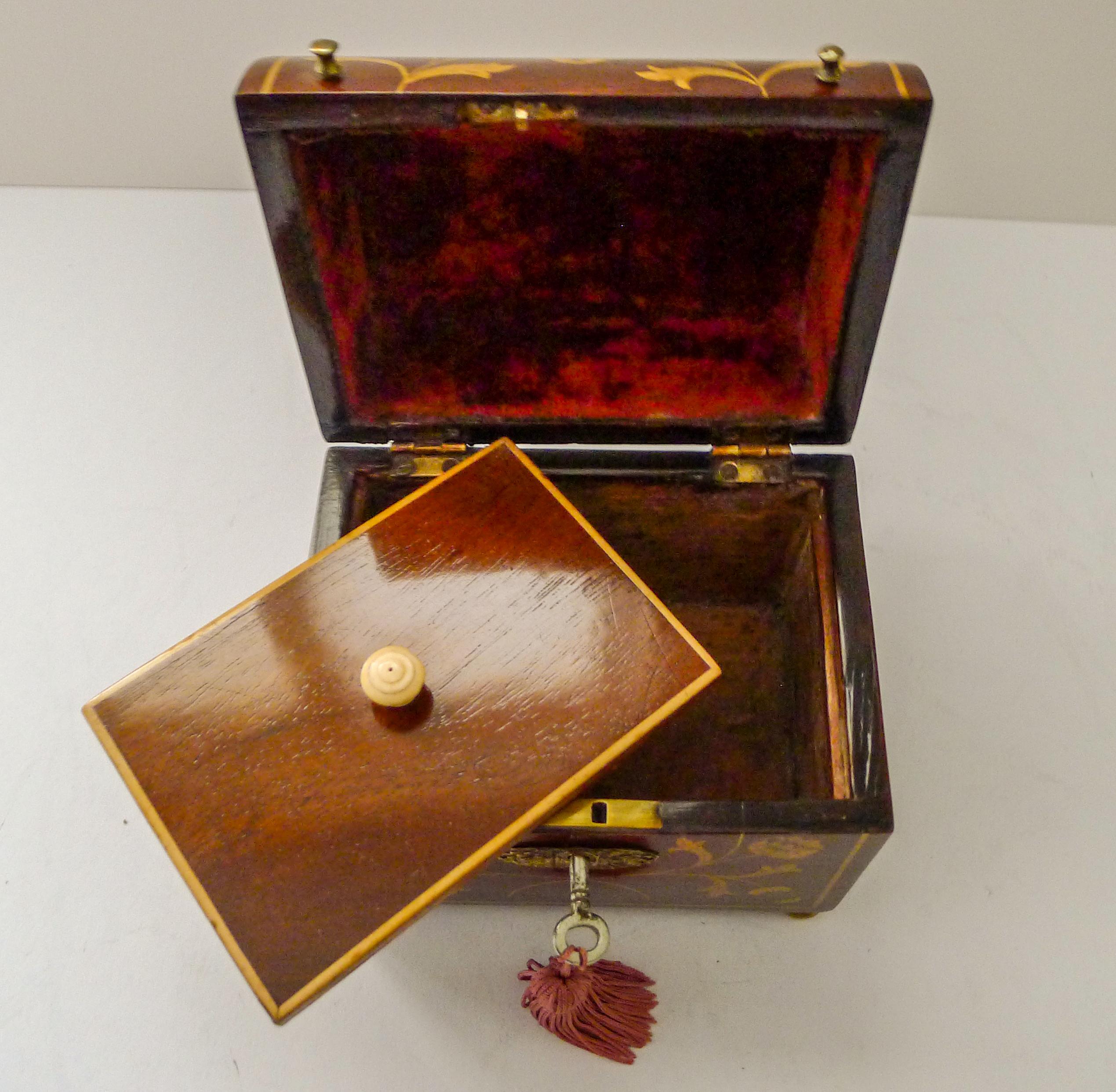Brass Dutch Marquetry Inlaid Mahogany Single Tea Caddy c.1810 For Sale