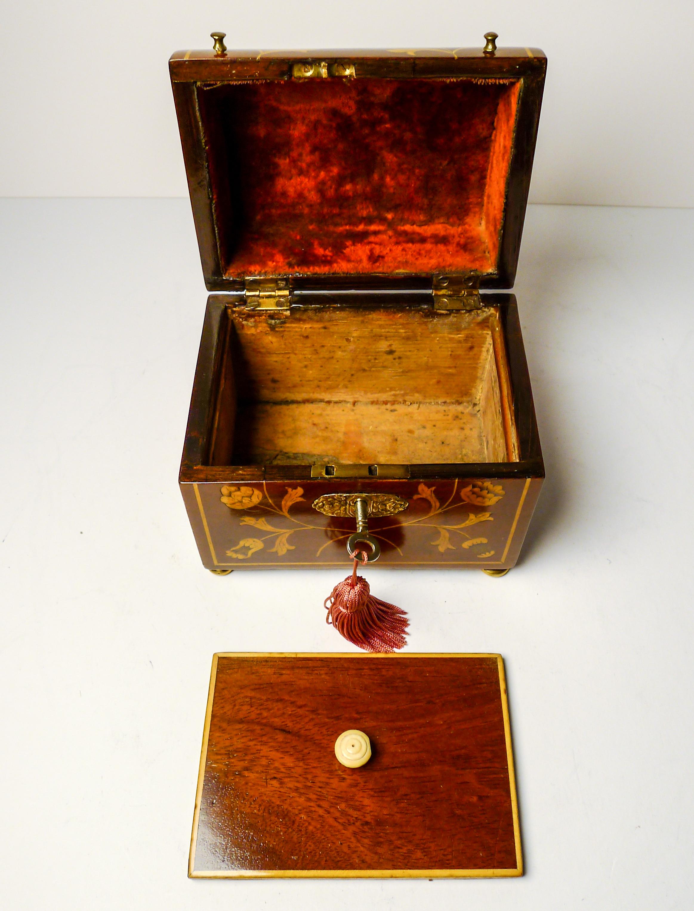 Dutch Marquetry Inlaid Mahogany Single Tea Caddy c.1810 For Sale 1