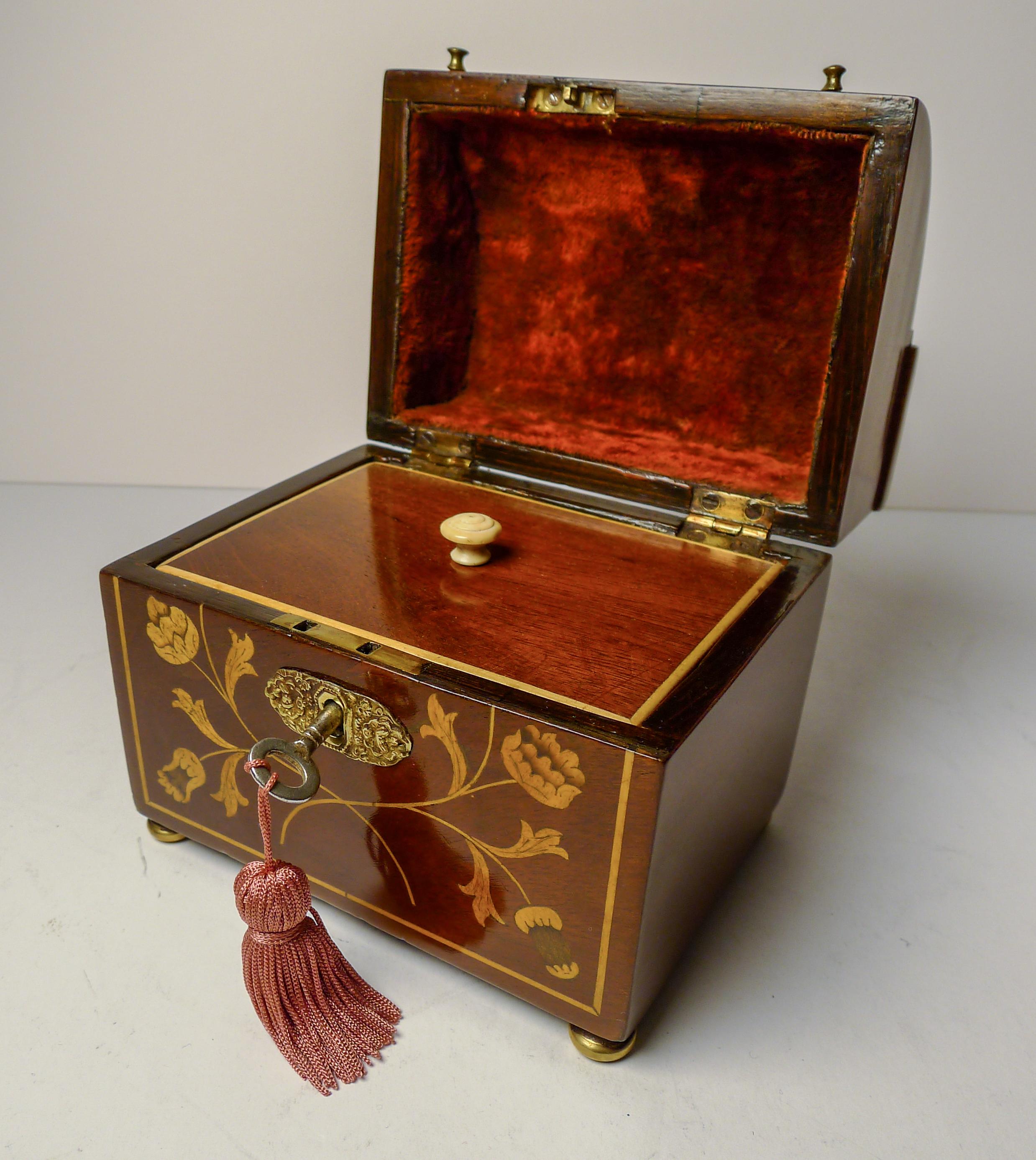 Dutch Marquetry Inlaid Mahogany Single Tea Caddy c.1810 For Sale 2