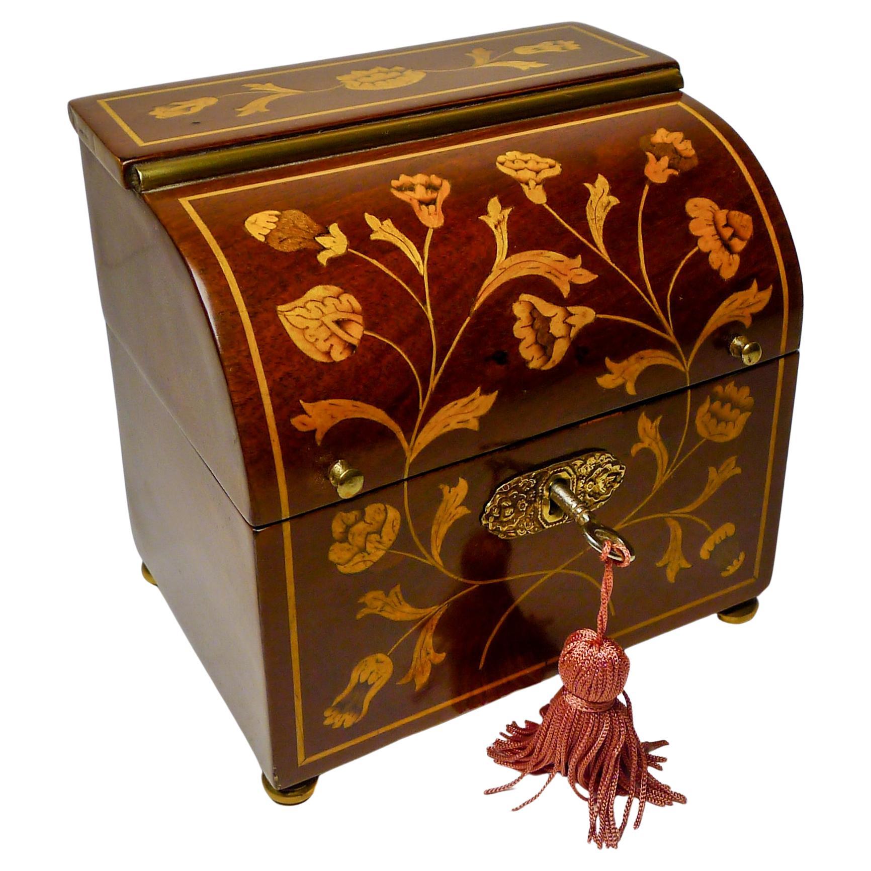 Dutch Marquetry Inlaid Mahogany Single Tea Caddy c.1810 For Sale