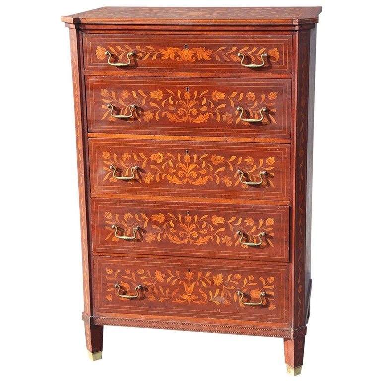Dutch Marquetry Inlaid Mahogany Tall Dresser at 1stDibs