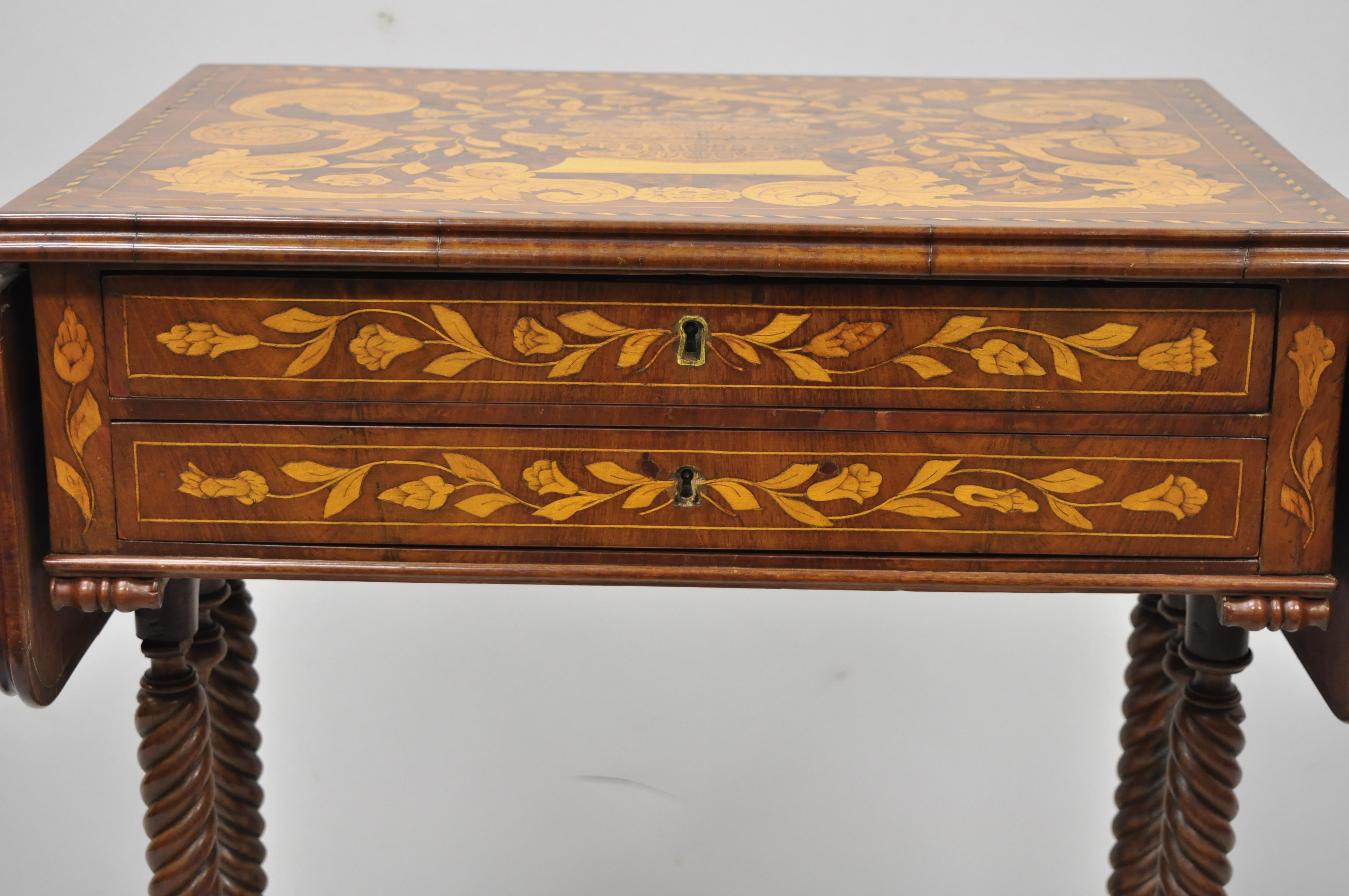 Dutch Marquetry Inlaid Regency Style Drop-Leaf Sewing Stand Work Table For Sale 4