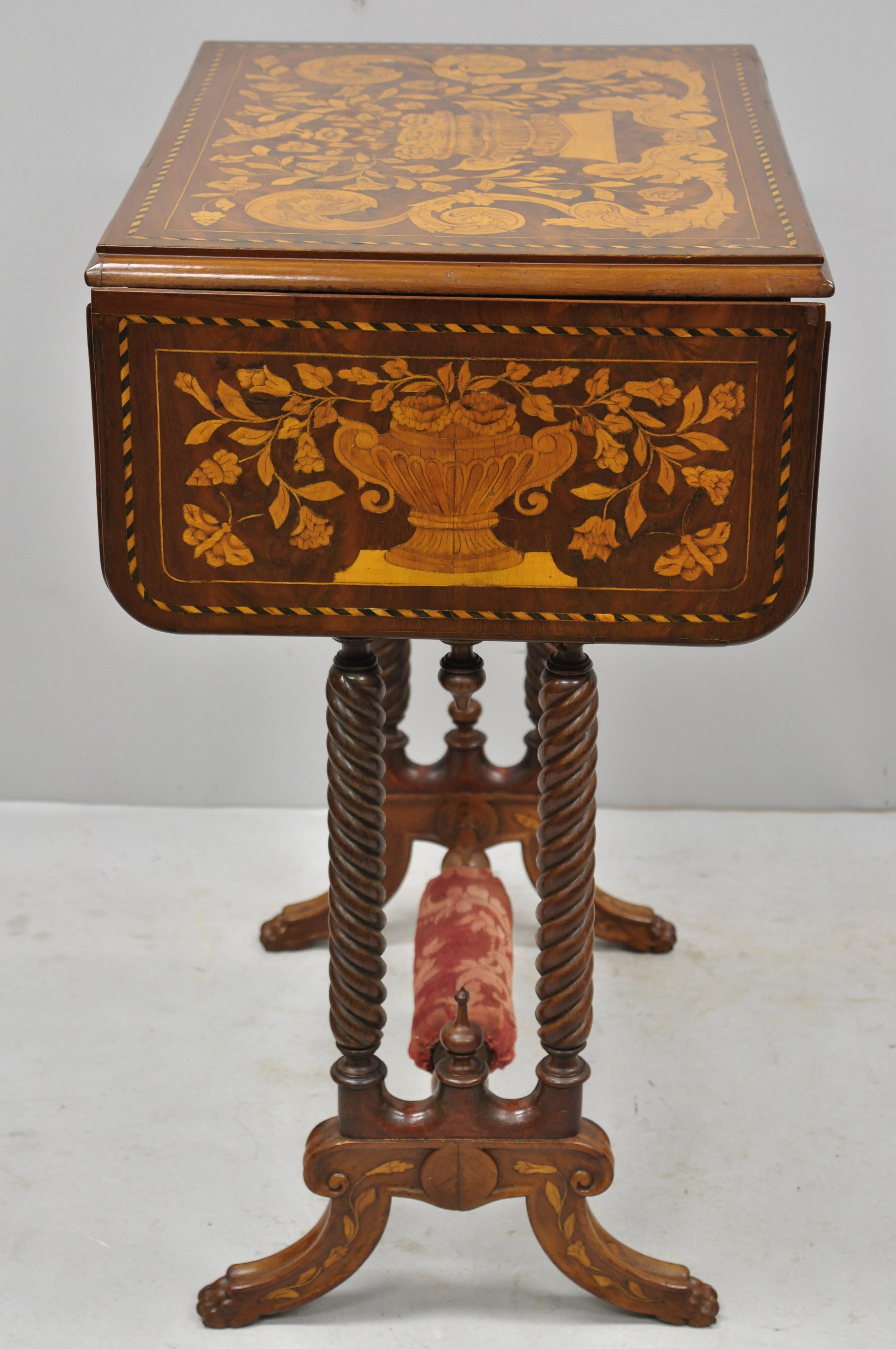 Dutch Marquetry Inlaid Regency Style Drop-Leaf Sewing Stand Work Table For Sale 5