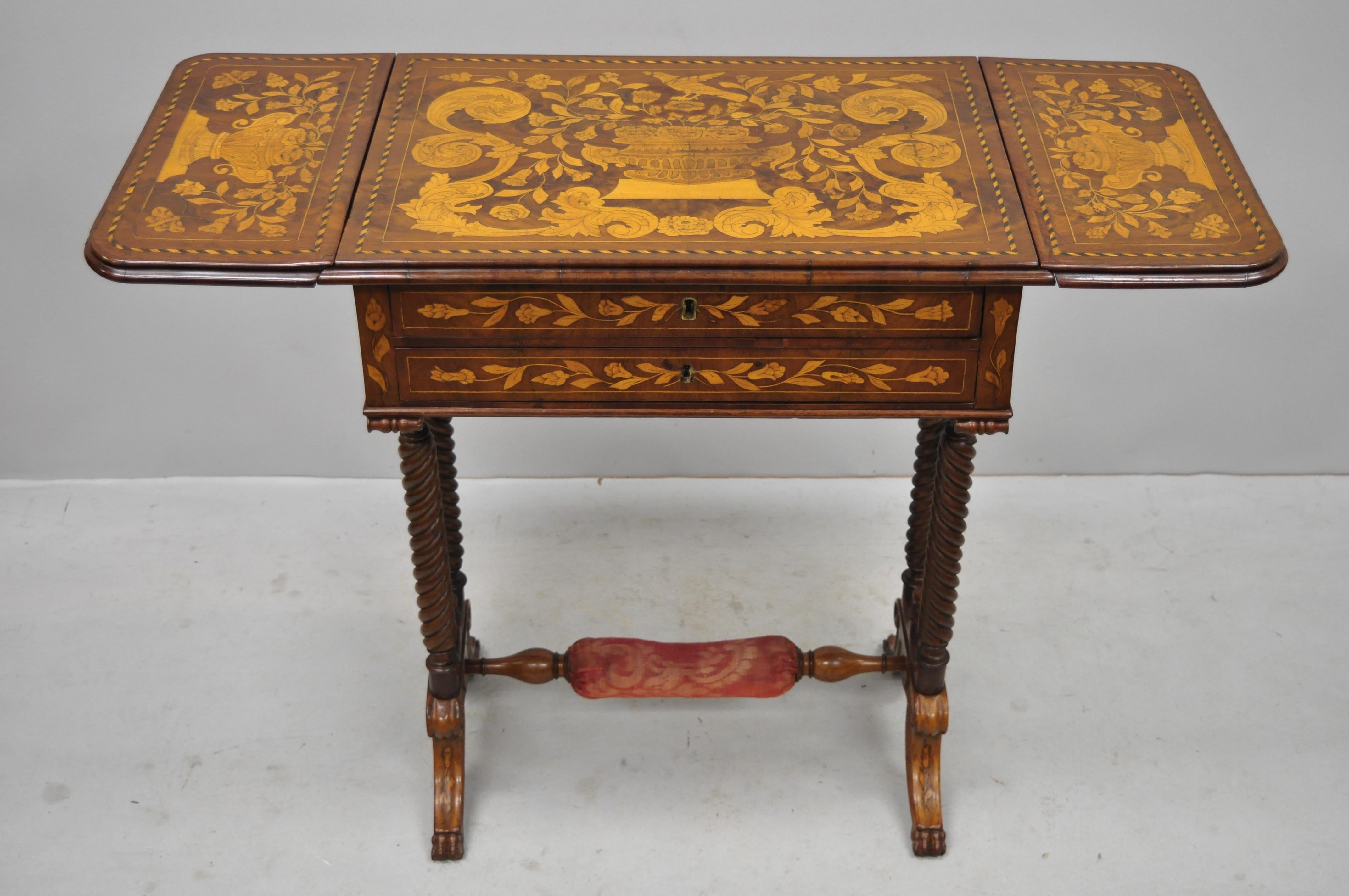 Dutch Marquetry Inlaid Regency Style Drop-Leaf Sewing Stand Work Table In Good Condition For Sale In Philadelphia, PA