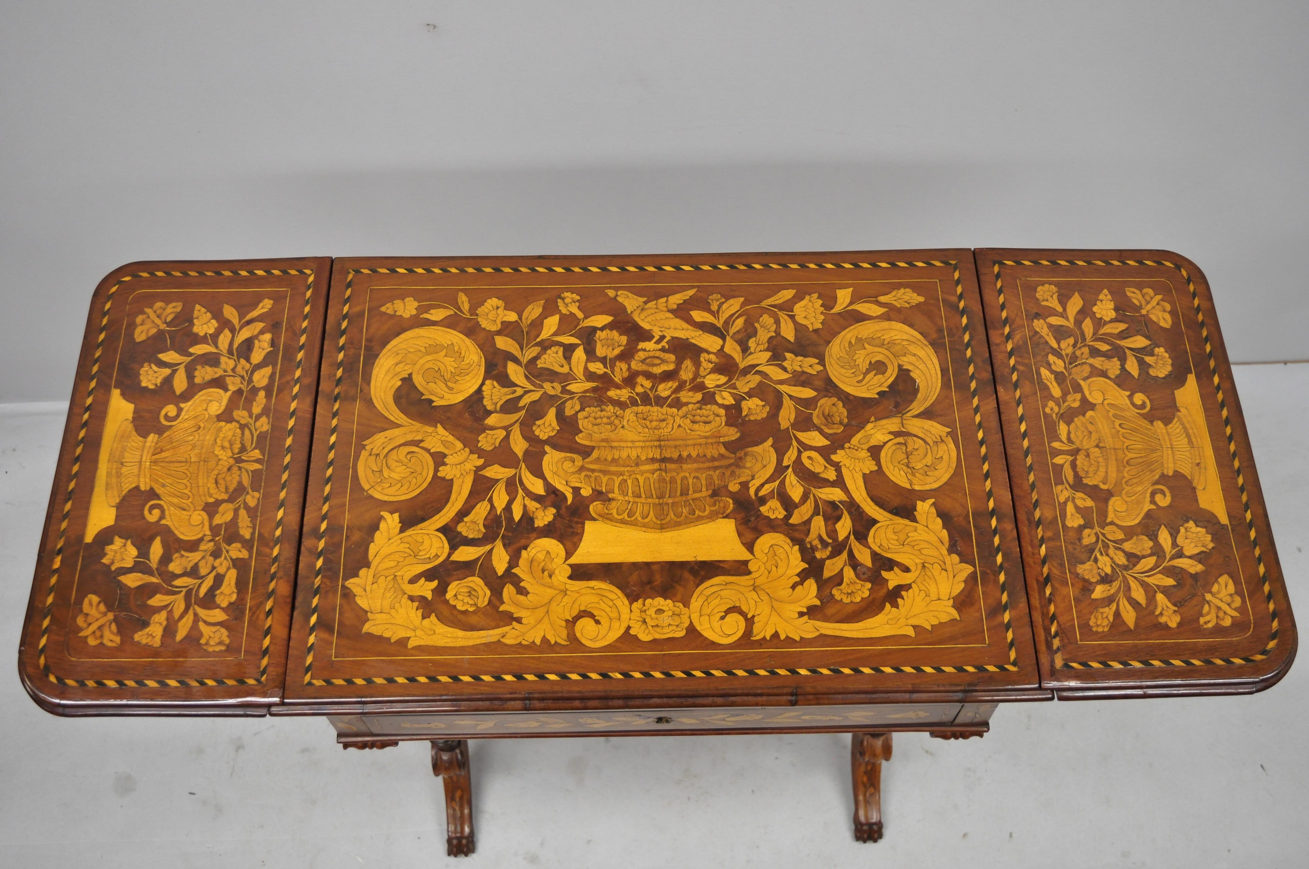 19th Century Dutch Marquetry Inlaid Regency Style Drop-Leaf Sewing Stand Work Table For Sale
