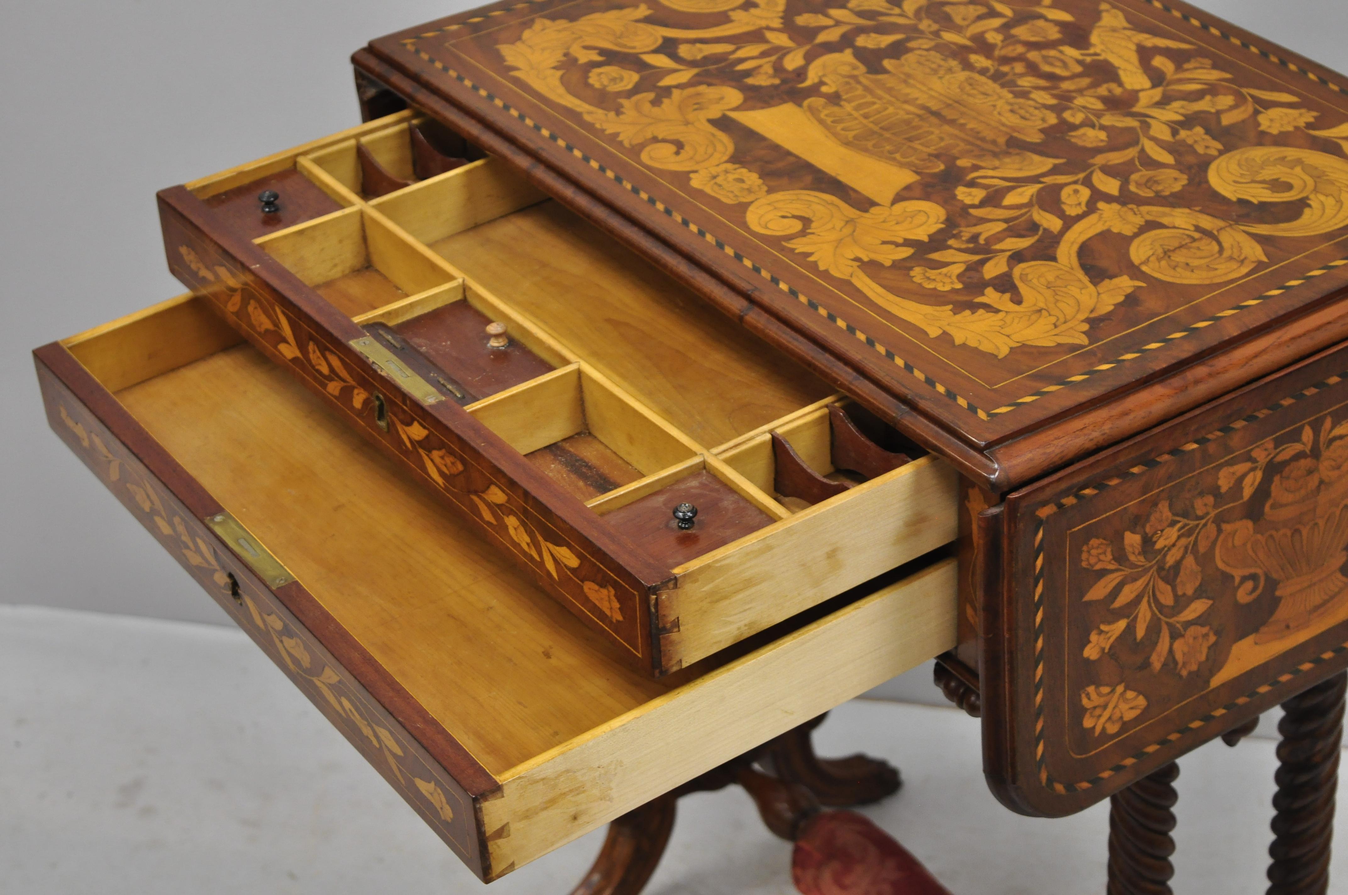 Dutch Marquetry Inlaid Regency Style Drop-Leaf Sewing Stand Work Table For Sale 1