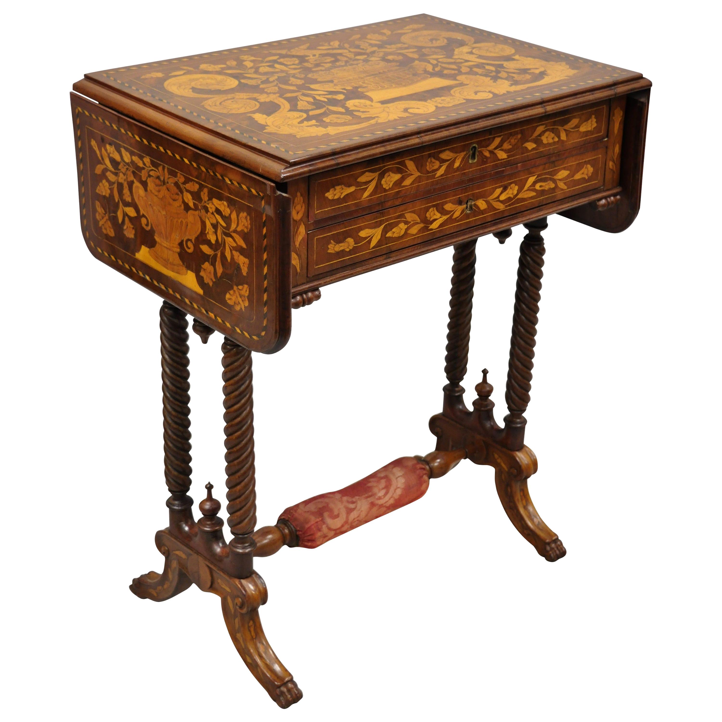 Dutch Marquetry Inlaid Regency Style Drop-Leaf Sewing Stand Work Table