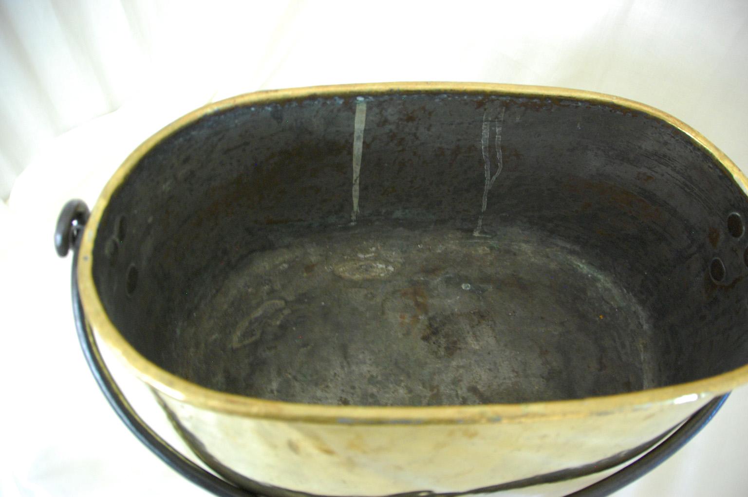 Danish Dutch Mid 19th Century Oval Brass Cooking Cauldron with Wrought Iron Handle