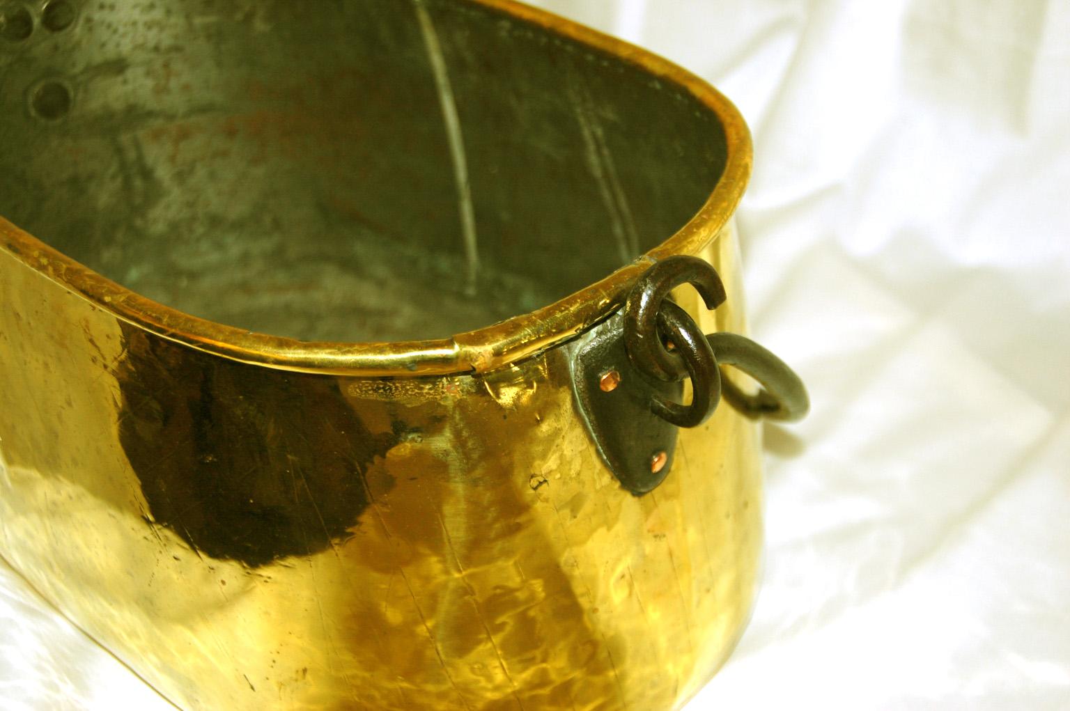 Dutch Mid 19th Century Oval Brass Cooking Cauldron with Wrought Iron Handle 1