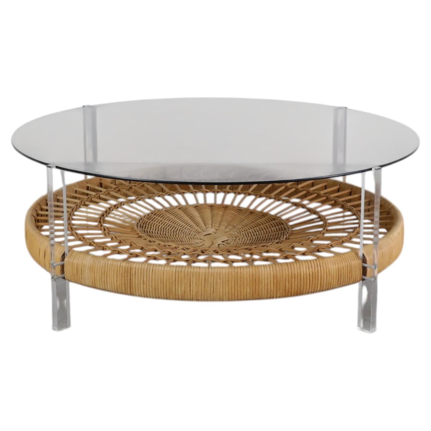 Mid-Century Dutch Coffee Table, Rattan Basket, Smoked Glass, Lucite ...