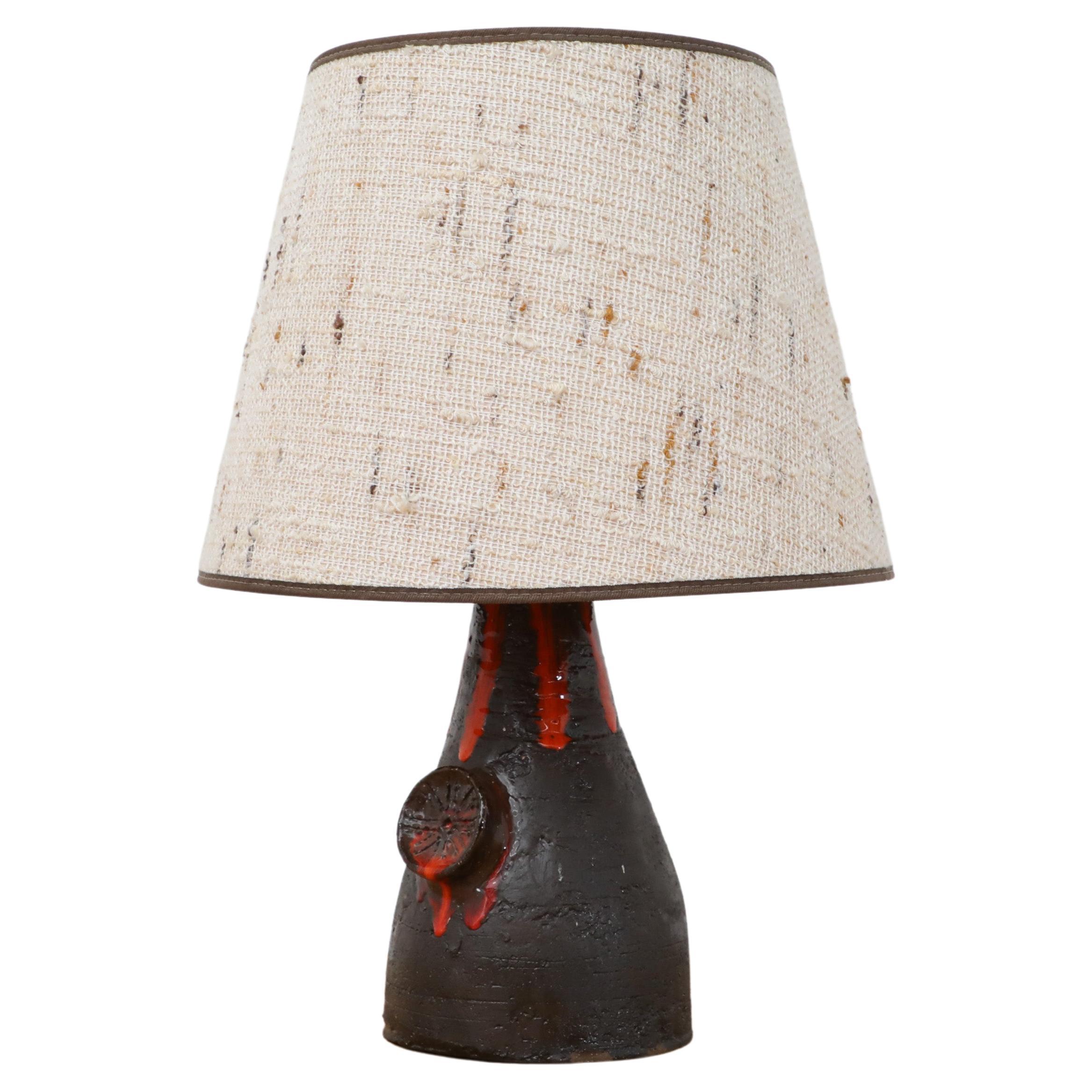 Dutch Mid-Century Black Ceramic Volcanic Table Lamp w/ Red Dripping Effect Glaze For Sale