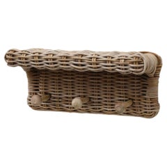 Dutch Mid-Century Hand-Woven Wicker Wall Mount Coat Rack and Shelf