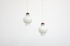 Dutch Mid-Century Philips made Printed Milk Glass Pendant with Teak Accent
