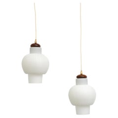 Dutch Mid-Century Philips made Printed Milk Glass Pendant with Teak Accent