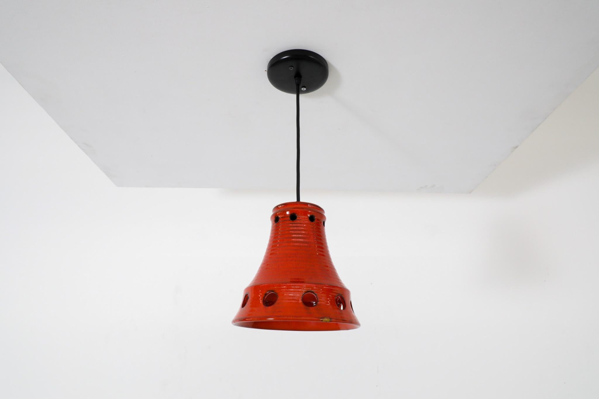Dutch Mid-Century Red Ceramic Bell-Shaped Pendants with Cut-Outs by Herda In Good Condition For Sale In Los Angeles, CA