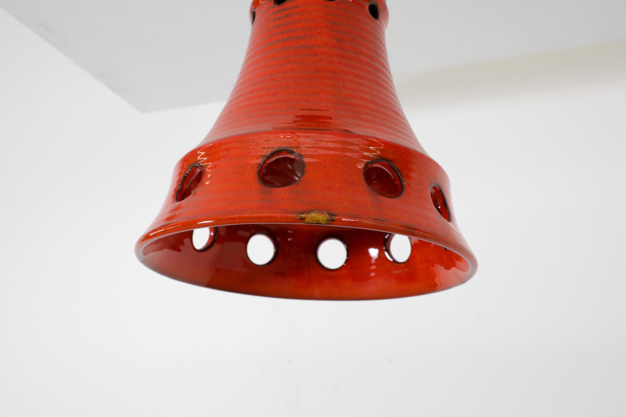 Dutch Mid-Century Red Ceramic Bell-Shaped Pendants with Cut-Outs by Herda For Sale 2