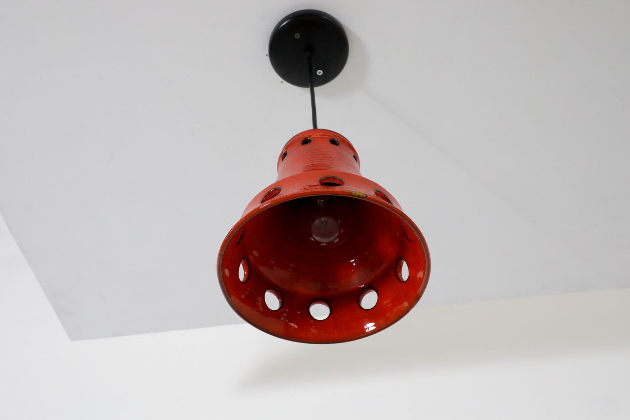 Dutch Mid-Century Red Ceramic Bell-Shaped Pendants with Cut-Outs by Herda For Sale 3