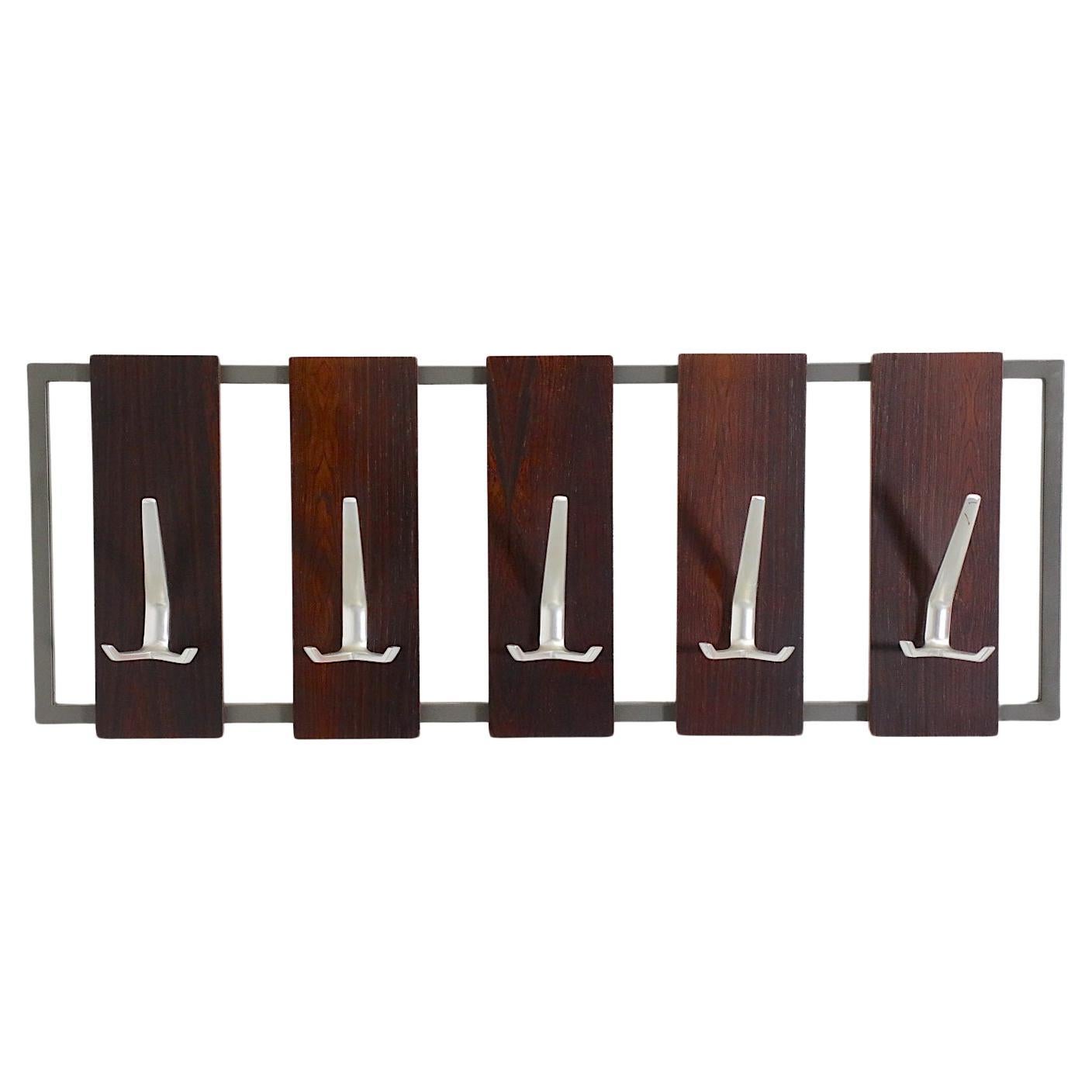 Dutch Mid-Century Rosewood Wall Mounted Coat Rack with Five Panels with Hooks