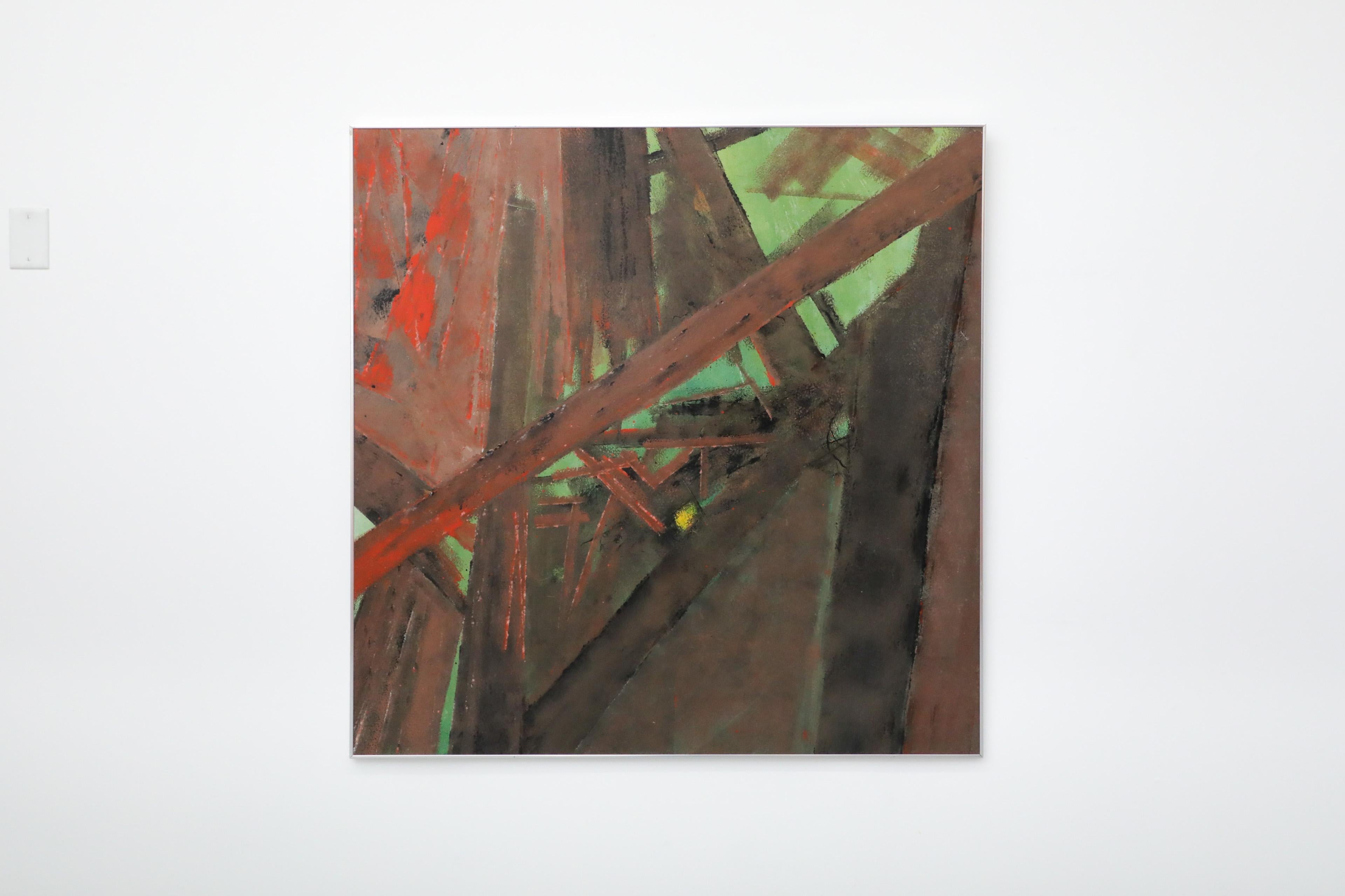 Großes abstraktes expressionistisches Acrylgemälde aus der Jahrhundertmitte mit meisterhafter Spachtel- und Pinselführung. Satte Grün- und Brauntöne, die an die Werke von Franz Klein, Frank Auerbach, Emil Schumacher und anderen erinnern. Dünner