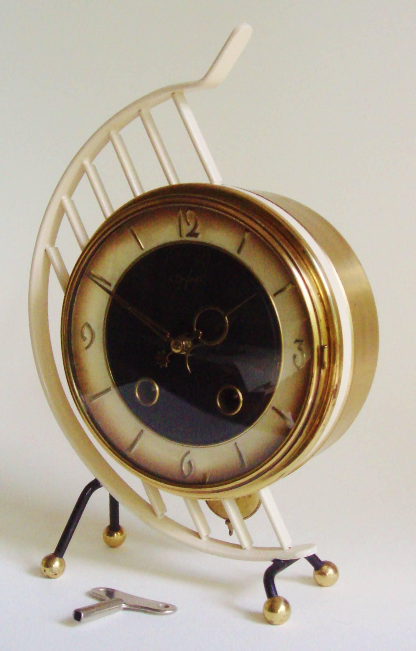 Mid-Century Modern Dutch Midcentury, Avant Garde, Brass and Polychrome Enamel Pendulum Mantle Clock For Sale