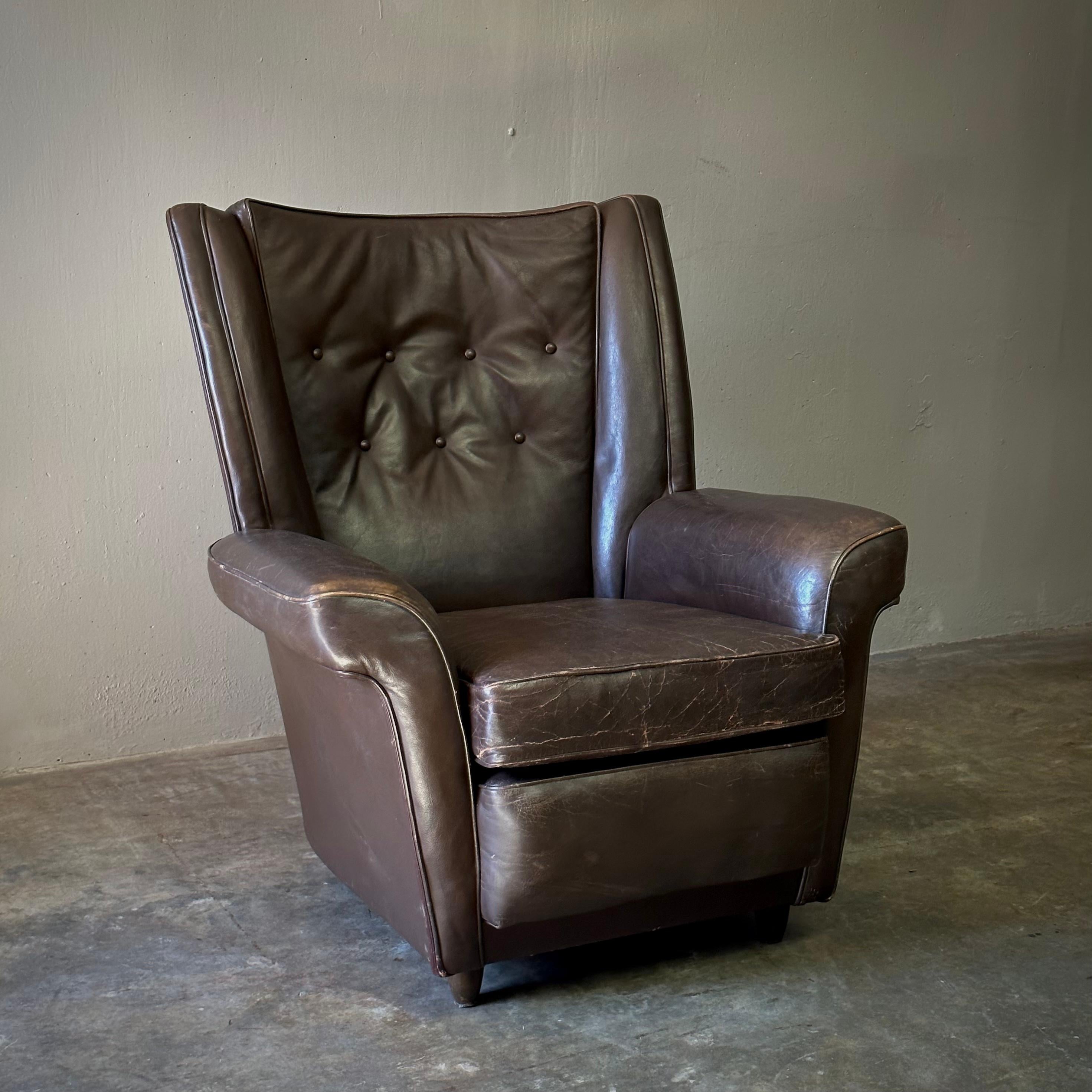 Dutch Midcentury Chocolate Brown Leather Wingback Armchair In Good Condition For Sale In Los Angeles, CA