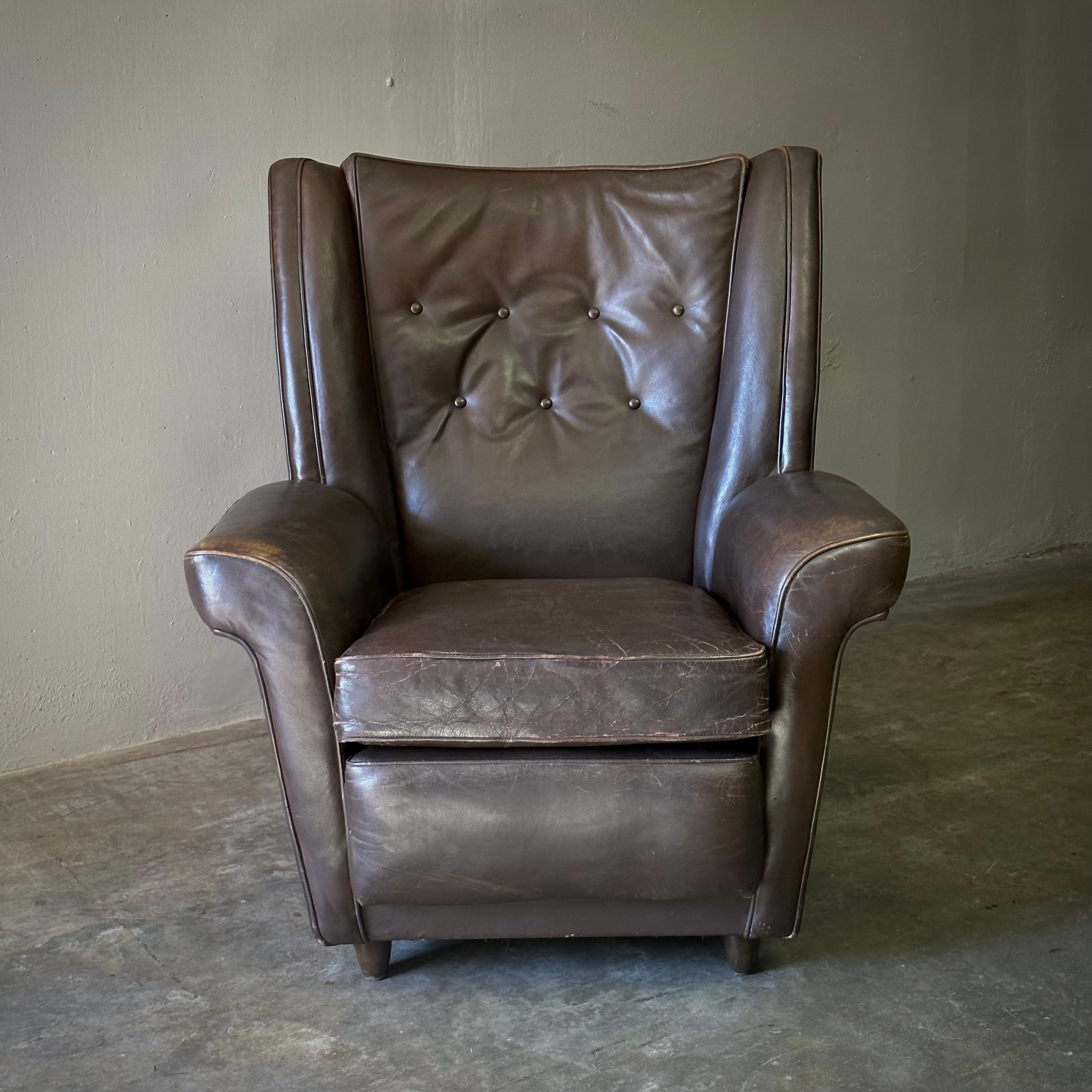 Mid-20th Century Dutch Midcentury Chocolate Brown Leather Wingback Armchair For Sale