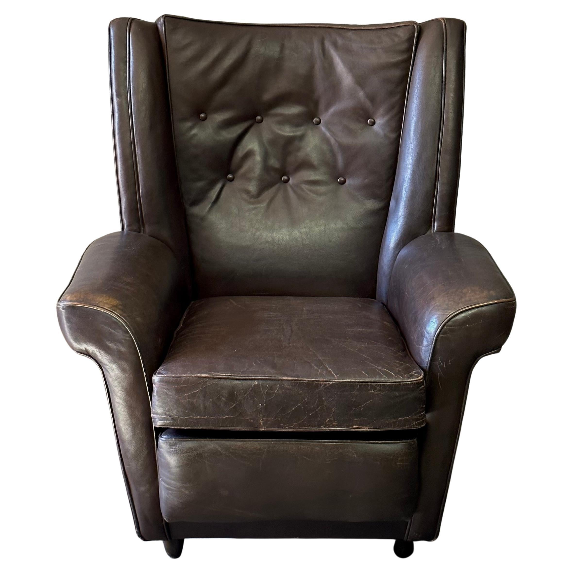 Dutch Midcentury Chocolate Brown Leather Wingback Armchair For Sale