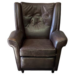 Used Dutch Midcentury Chocolate Brown Leather Wingback Armchair