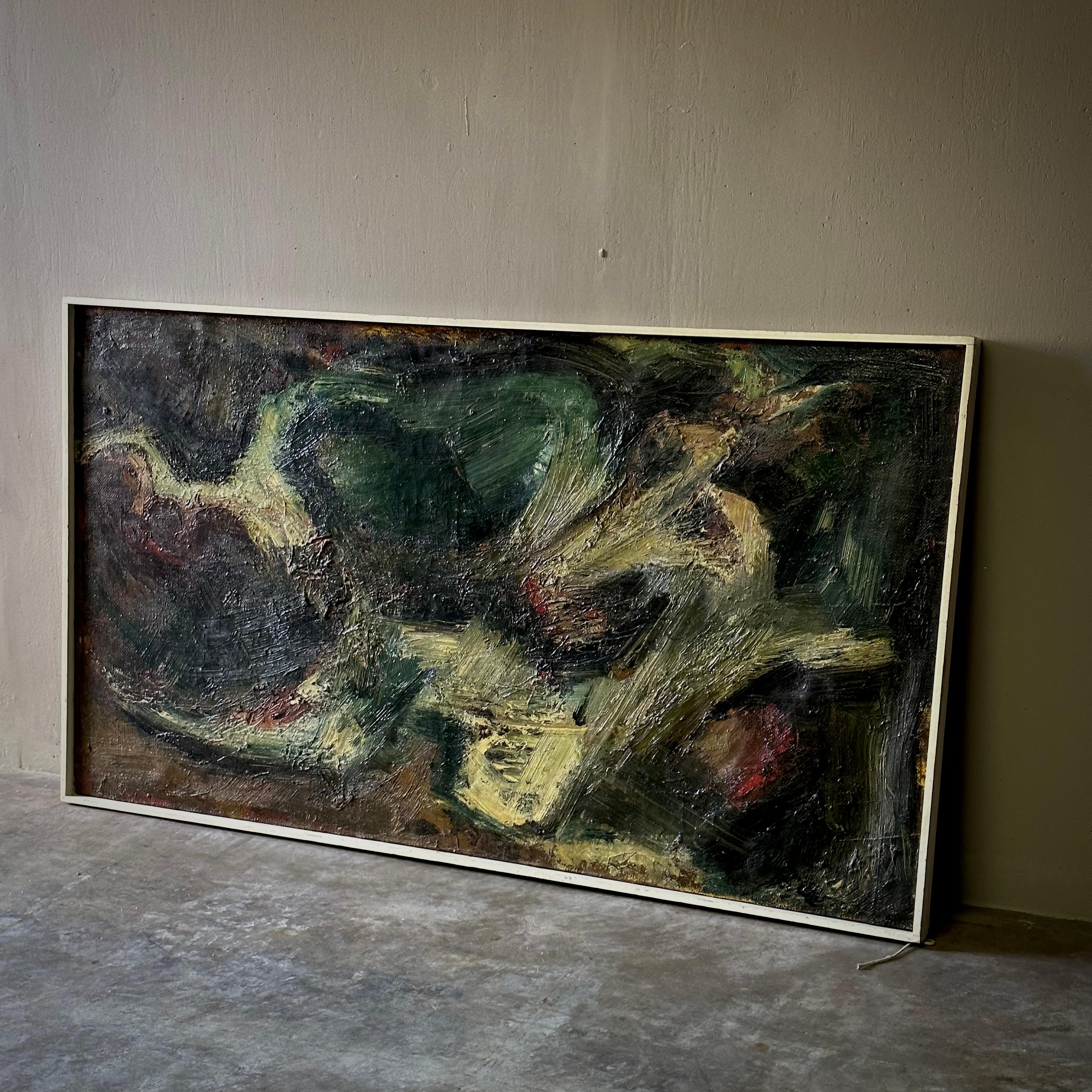 Dutch 1940s unsigned abstract oil painting. Tempestuous and energetic, with a painterly quality related to Chagall and Der Blaue Reiter. A wonderful example of early Dutch Abstract Expressionism with a rich moody color palette of inky blues, creamy