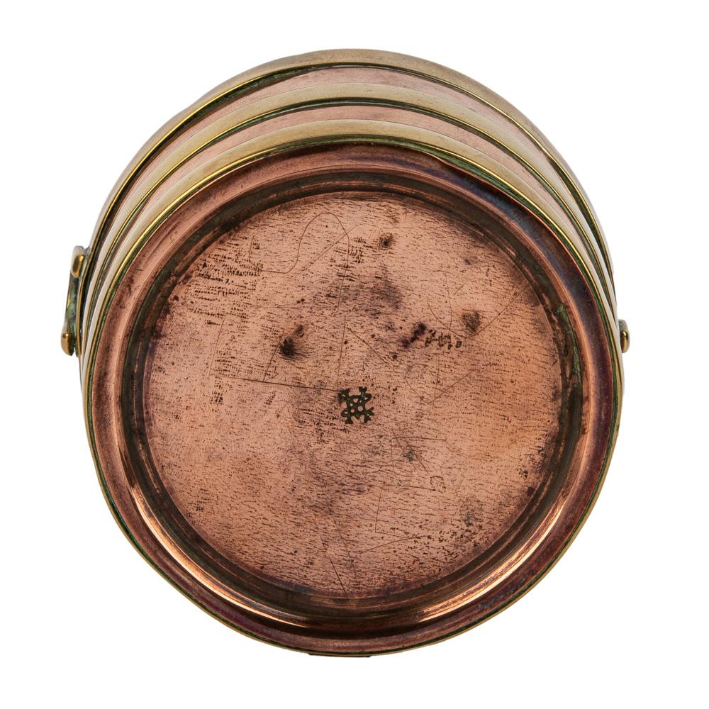 Cross-Banded Dutch Miniature Two-handled Copper Bucket with Brass Straps, 19th century For Sale