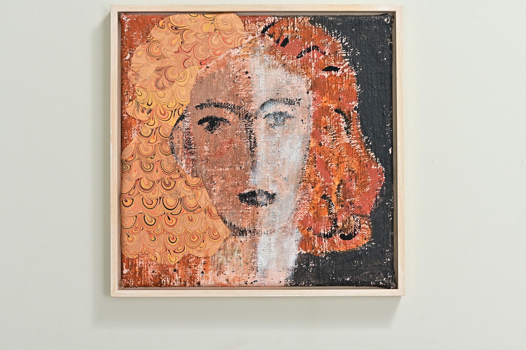 A recently made painting of a lady by an unknown Dutch artist. The mixed media collection of materials on canvas depicts a lady's face and is framed in a simple wood frame. Be sure to view the detailed images.