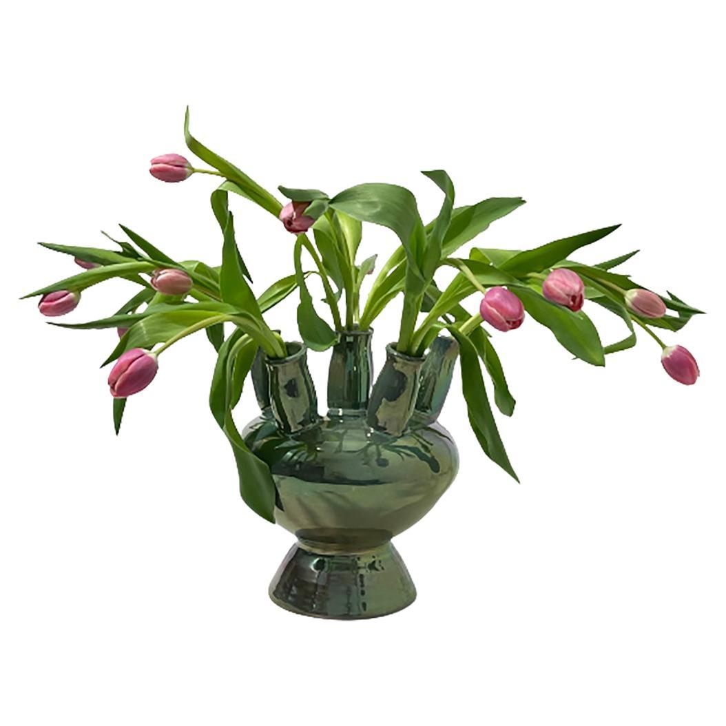 Dutch Mobach Ceramic Green Iridescent Glazed Tulip Vase