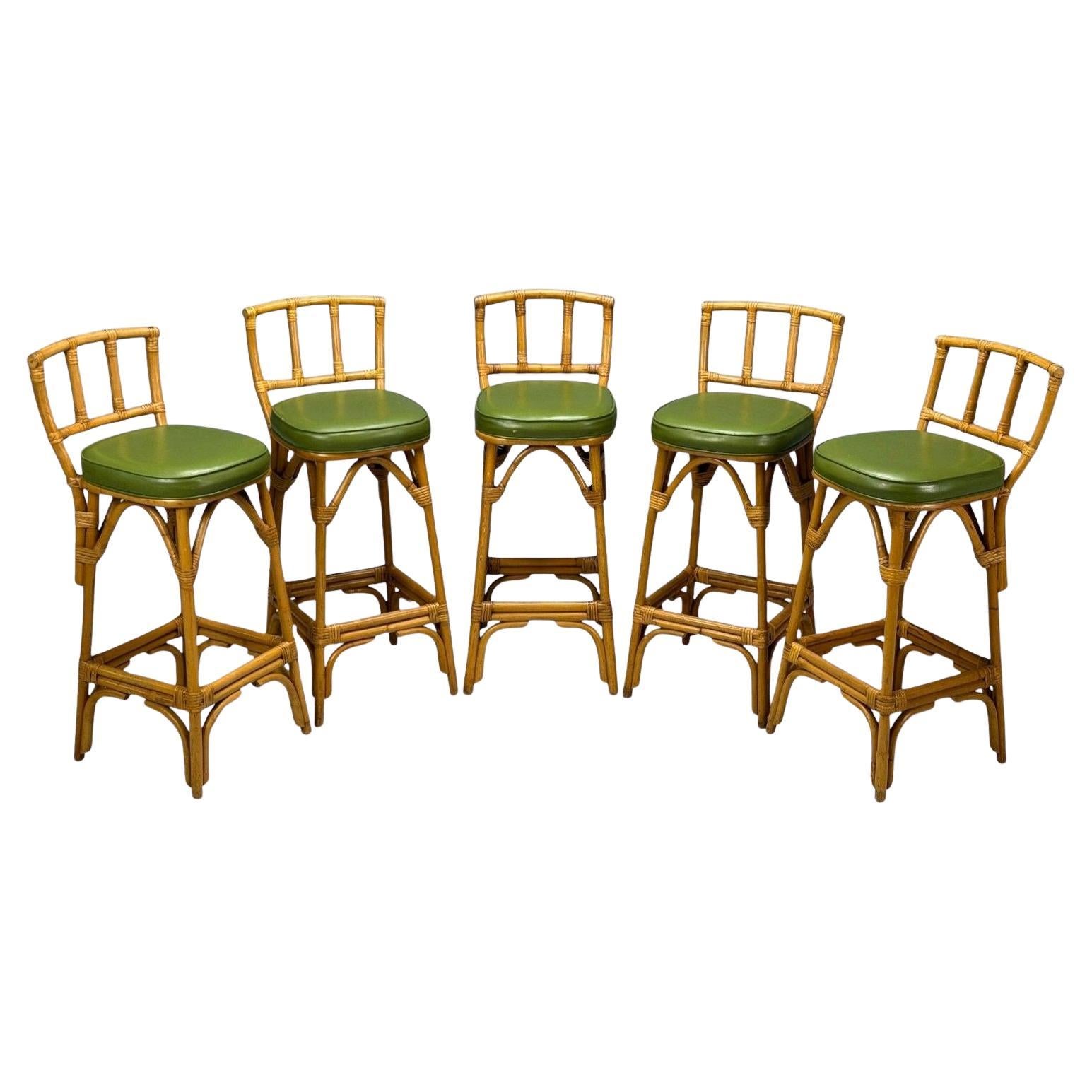 Dutch Modern, Bamboo, Green Leather, Five Barstools, Netherlands, 1970s
