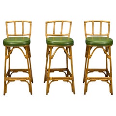 Dutch Modern, Bamboo, Green Leather, Three Barstools, Netherlands, 1970s
