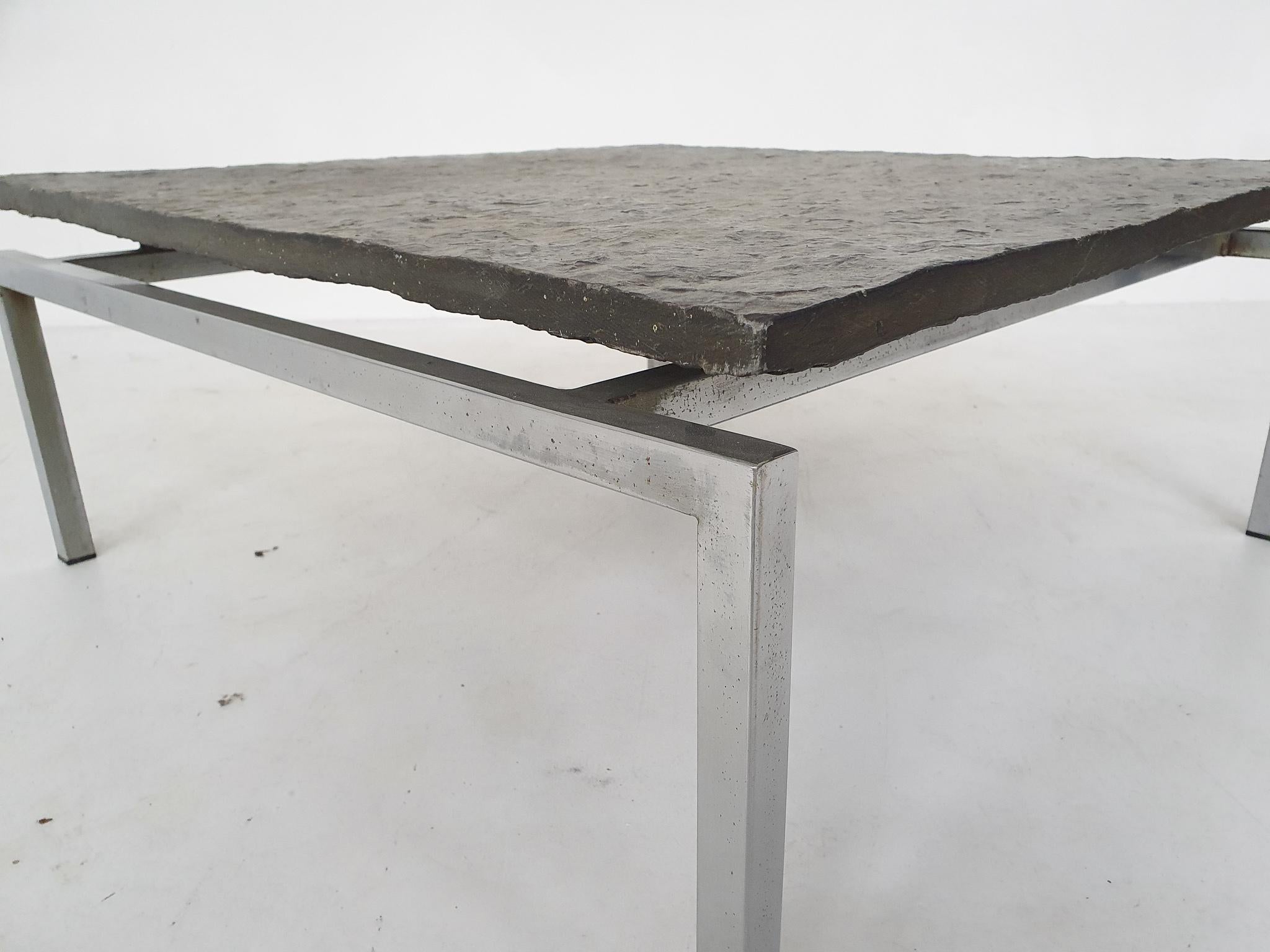20th Century Dutch Modern Brutalist Natural Stone and Steel Coffee Table, 1950s For Sale