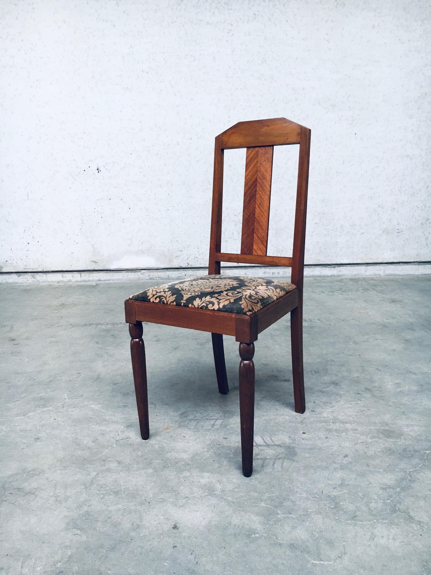 Vintage Dutch Modern Haagsche or Amsterdam School Design Dining Chair, made in the Netherlands 1930s. Art Deco period. Solid wood constructed chair with velvet printed fabric seat. This is all original and in very good condition. Nice details to the