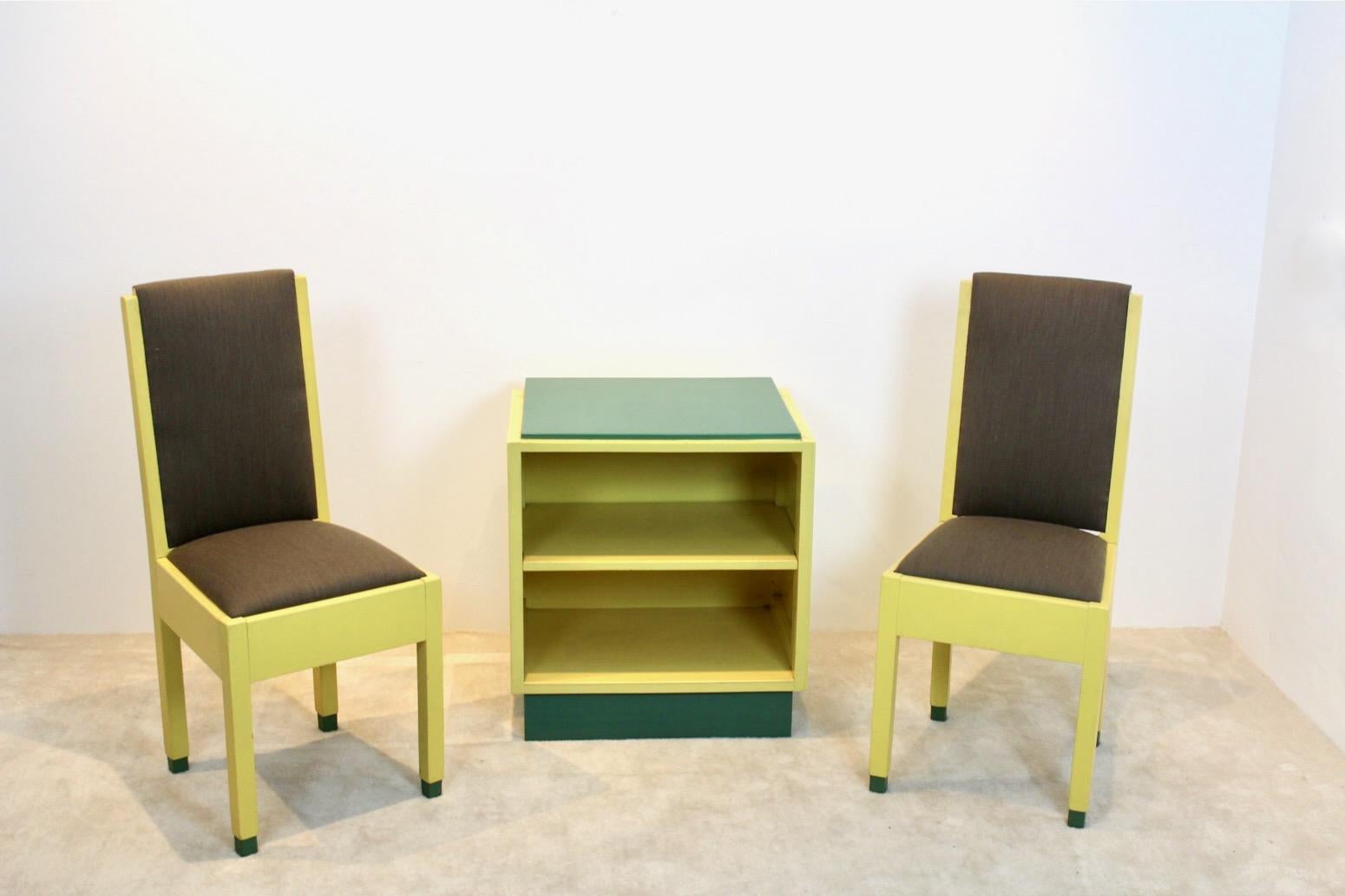 Important pair of Chairs and small Cabinet designed and manufactured during Jan den Drijver’s formative years in The Hague when he established ‘Woningrichting De Stijl’, a showroom and workshop which lasted for only three years between 1933-36. The