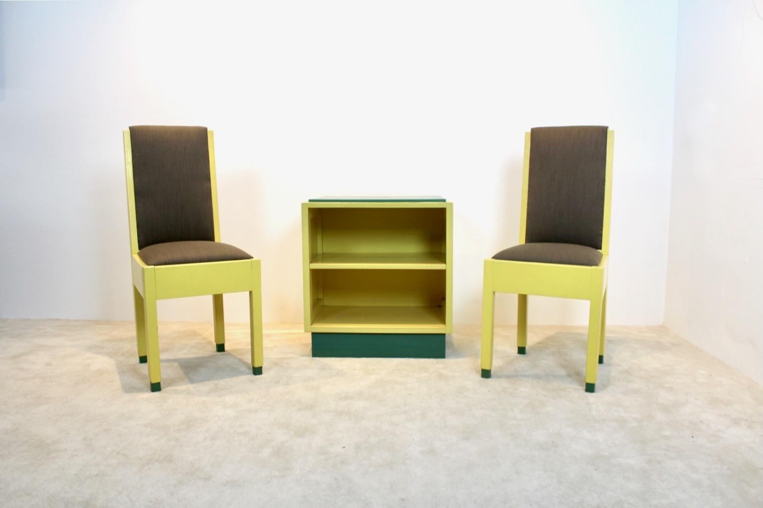 Wood Dutch Modernism High Back Chairs and Cabinet by Jan den Drijver for ‘De Stijl’ For Sale