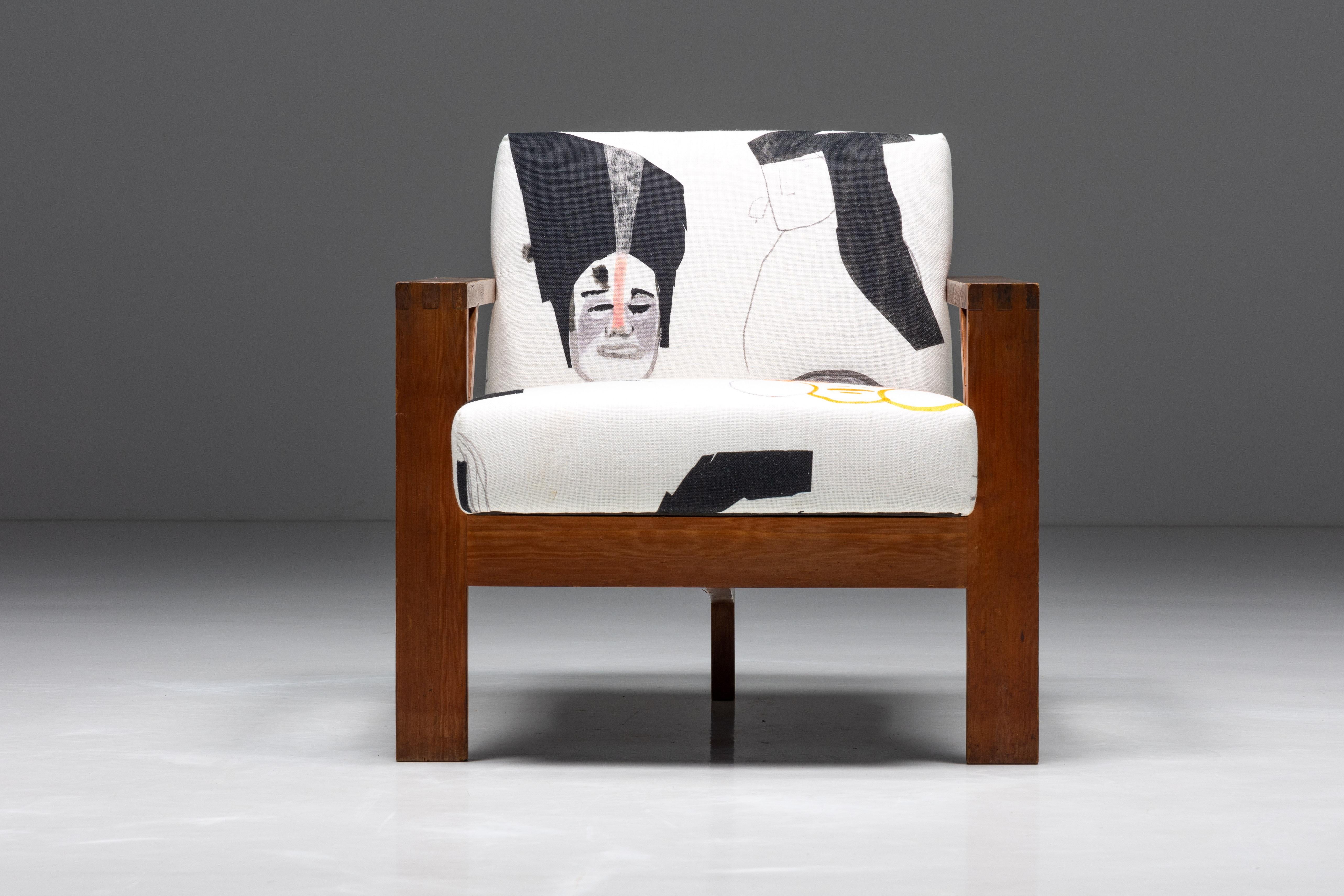 Dutch Modernism; Pierre Frey; Fabric; Wim Den Boon; Armchair; Modernist Chair; 1960s;

Dutch modernist chair, adorned with exquisite Pierre Frey fabric. This fabric, known as La Smala, is a visual delight, featuring embroidered characters with