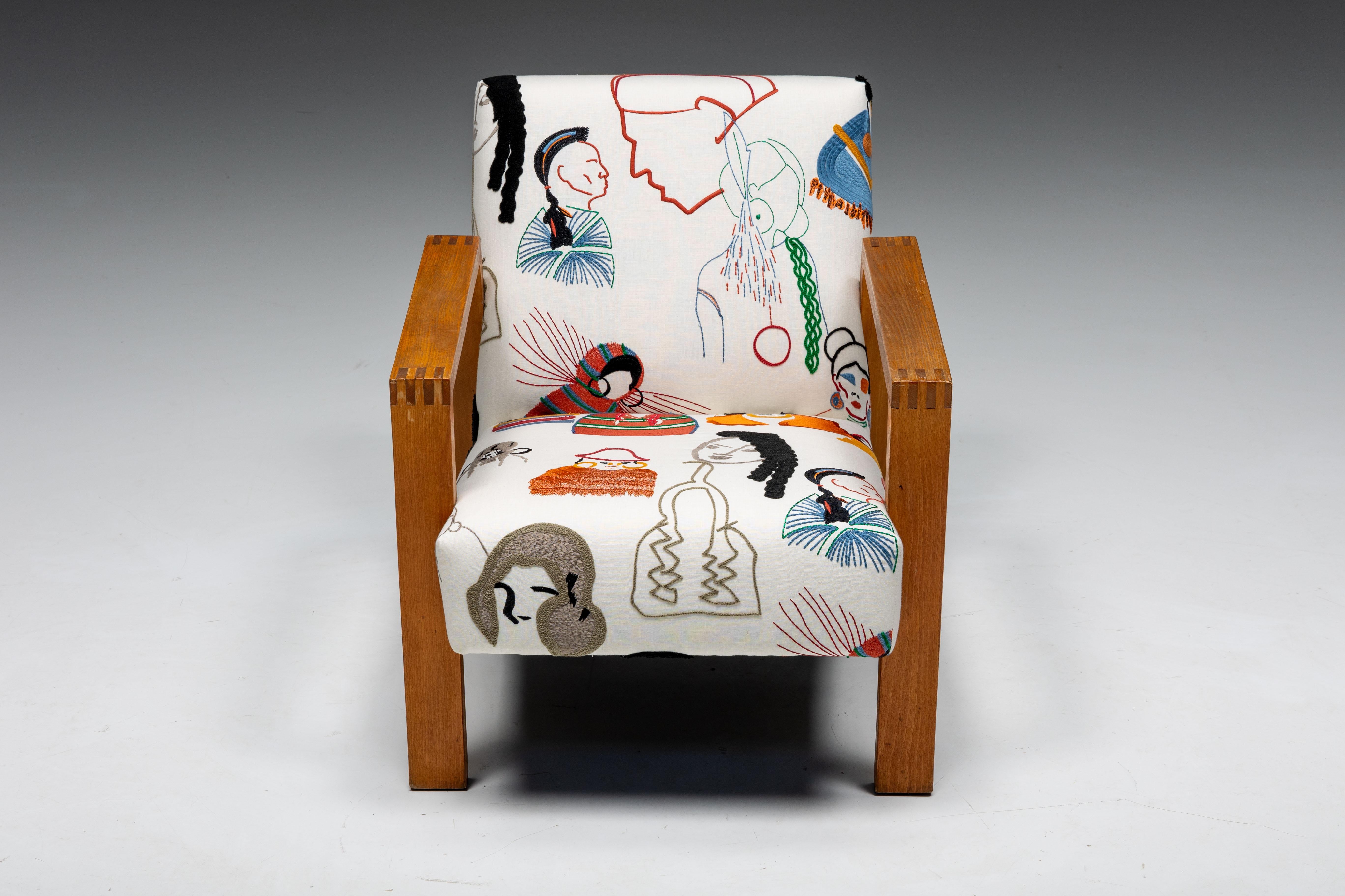 Dutch Modernism; Pierre Frey; Fabric; Wim Den Boon; Armchair; Modernist Chair; 1960s;

Dutch modernist chair, adorned with exquisite Pierre Frey fabric. This fabric, known as La Smala, is a visual delight, featuring embroidered characters with