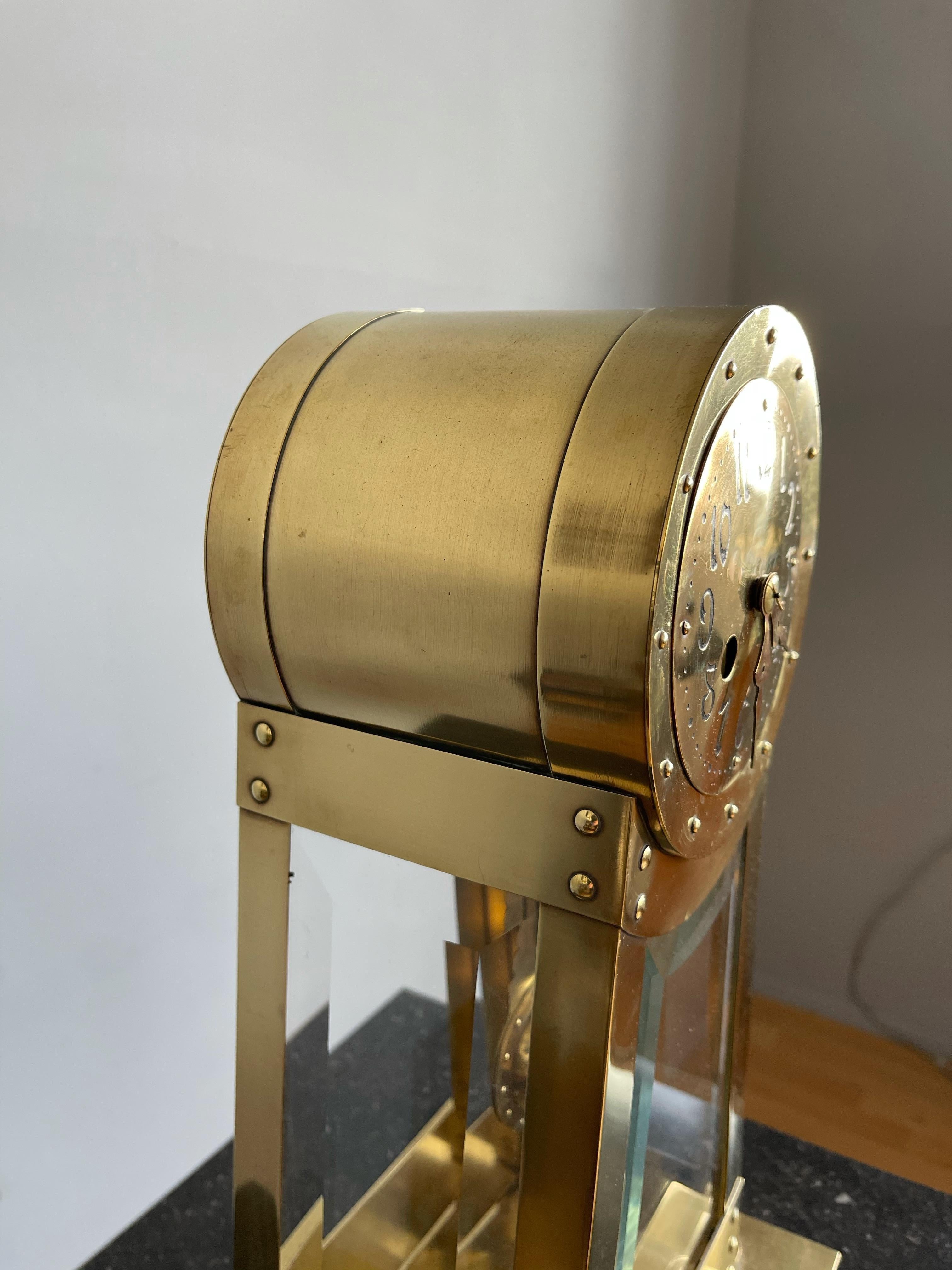 Dutch Modernist Design Hand Crafted Brass & Beveled Glass Table / Mantle Clock 4