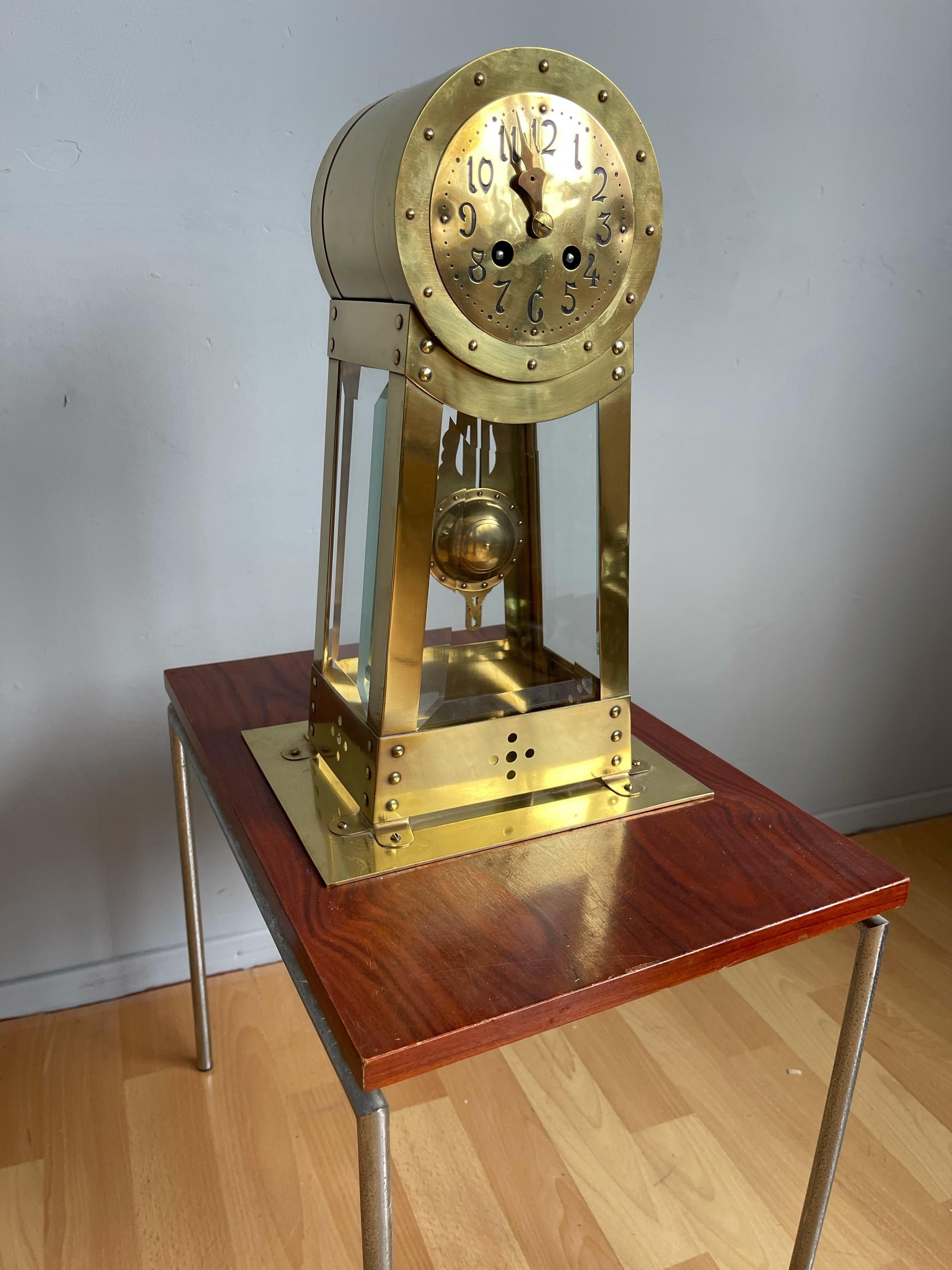 Dutch Modernist Design Hand Crafted Brass & Beveled Glass Table / Mantle Clock 7