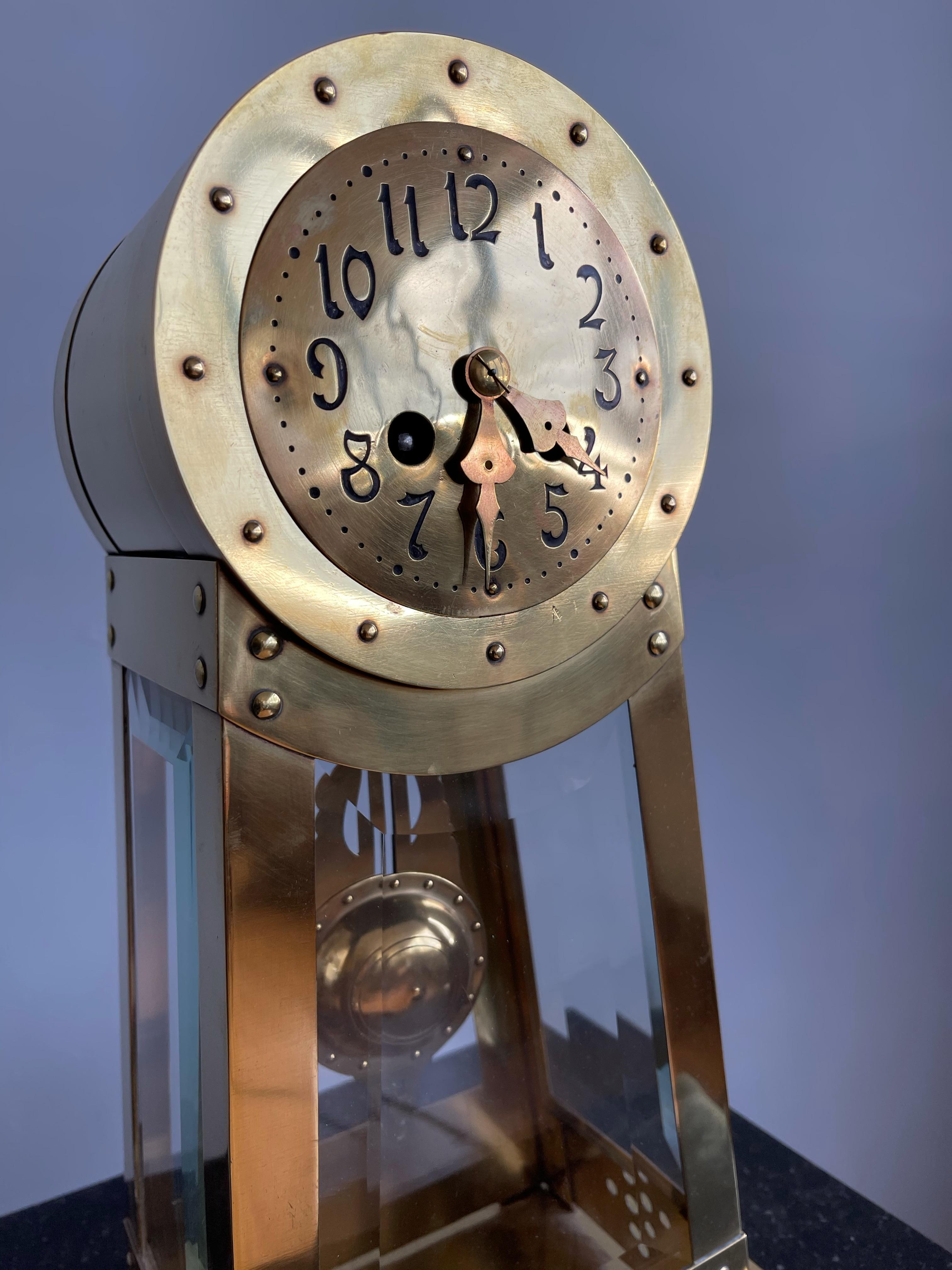 Dutch Modernist Design Hand Crafted Brass & Beveled Glass Table / Mantle Clock 8
