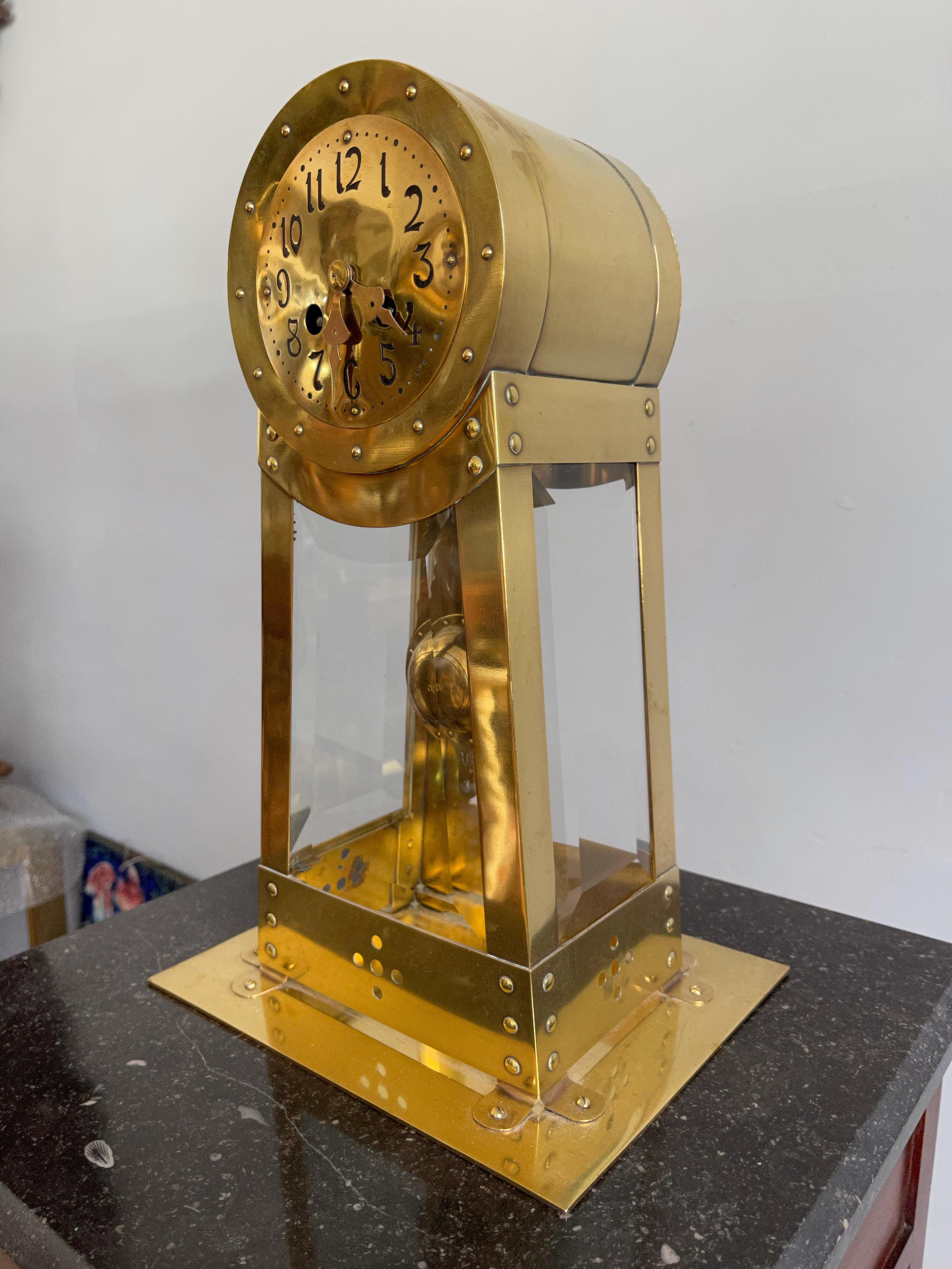 Dutch Modernist Design Hand Crafted Brass & Beveled Glass Table / Mantle Clock 10