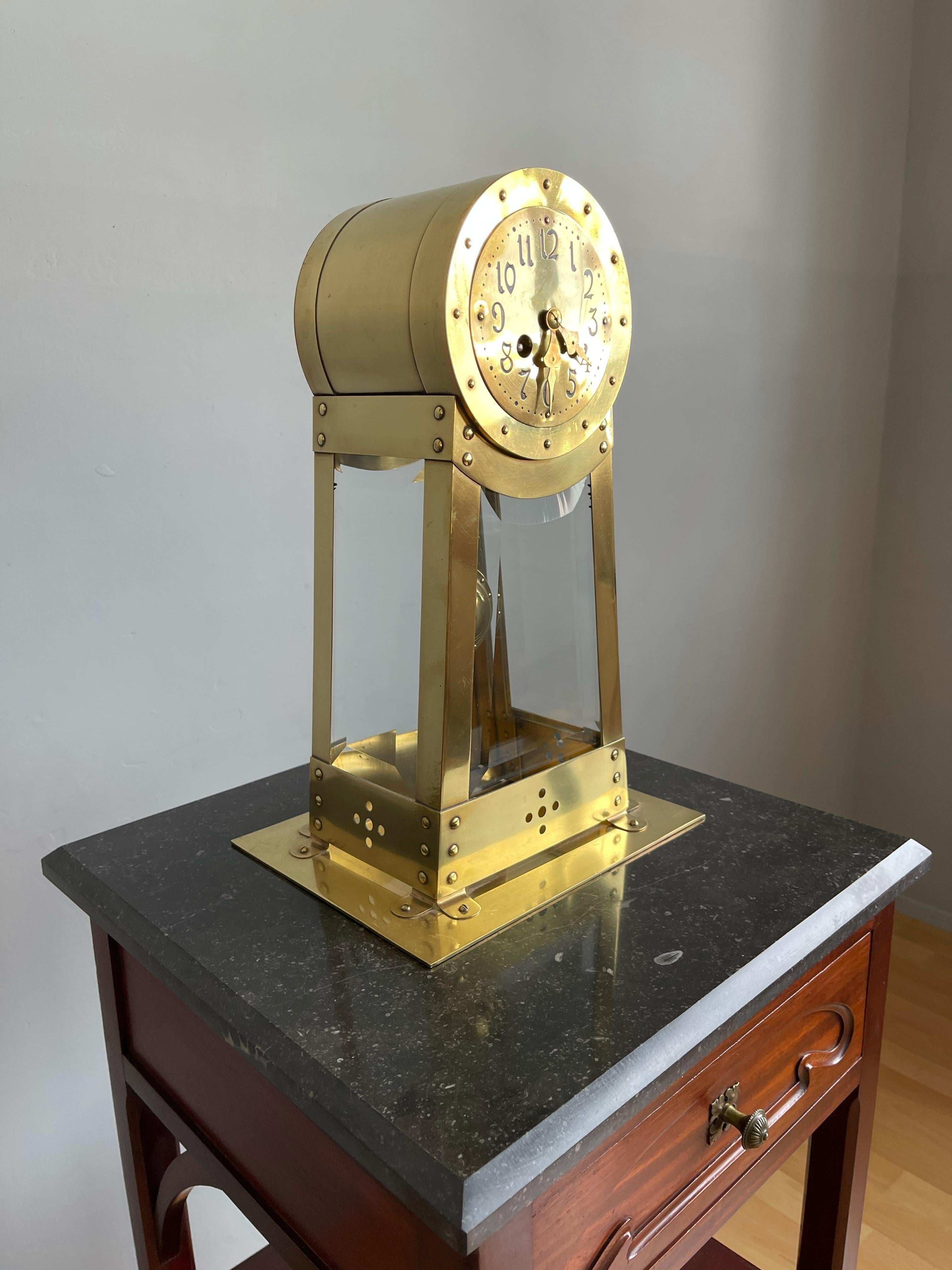 Dutch Modernist Design Hand Crafted Brass & Beveled Glass Table / Mantle Clock 12