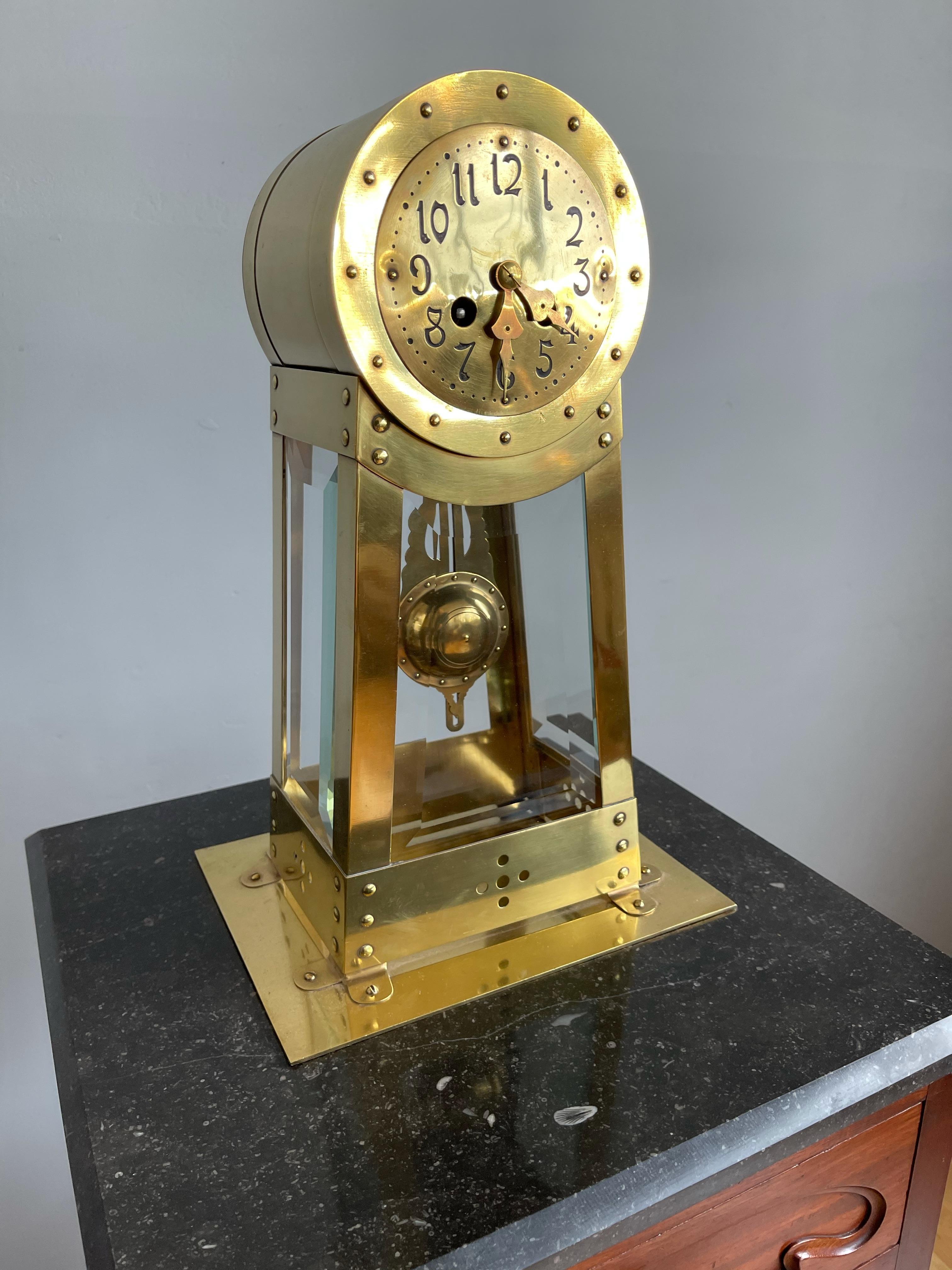 Dutch Modernist Design Hand Crafted Brass & Beveled Glass Table / Mantle Clock 14