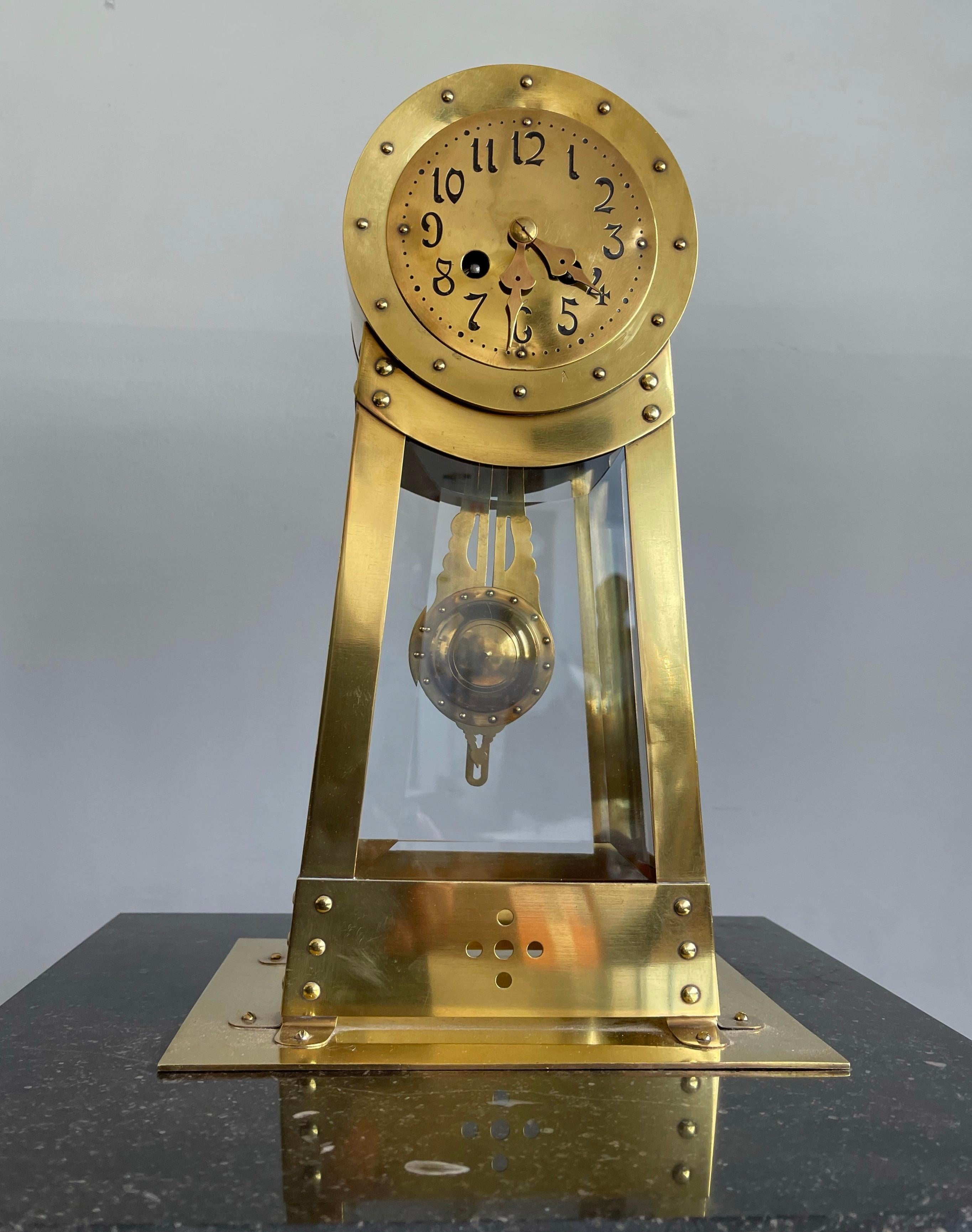 Dutch Modernist Design Hand Crafted Brass & Beveled Glass Table / Mantle Clock In Excellent Condition In Lisse, NL