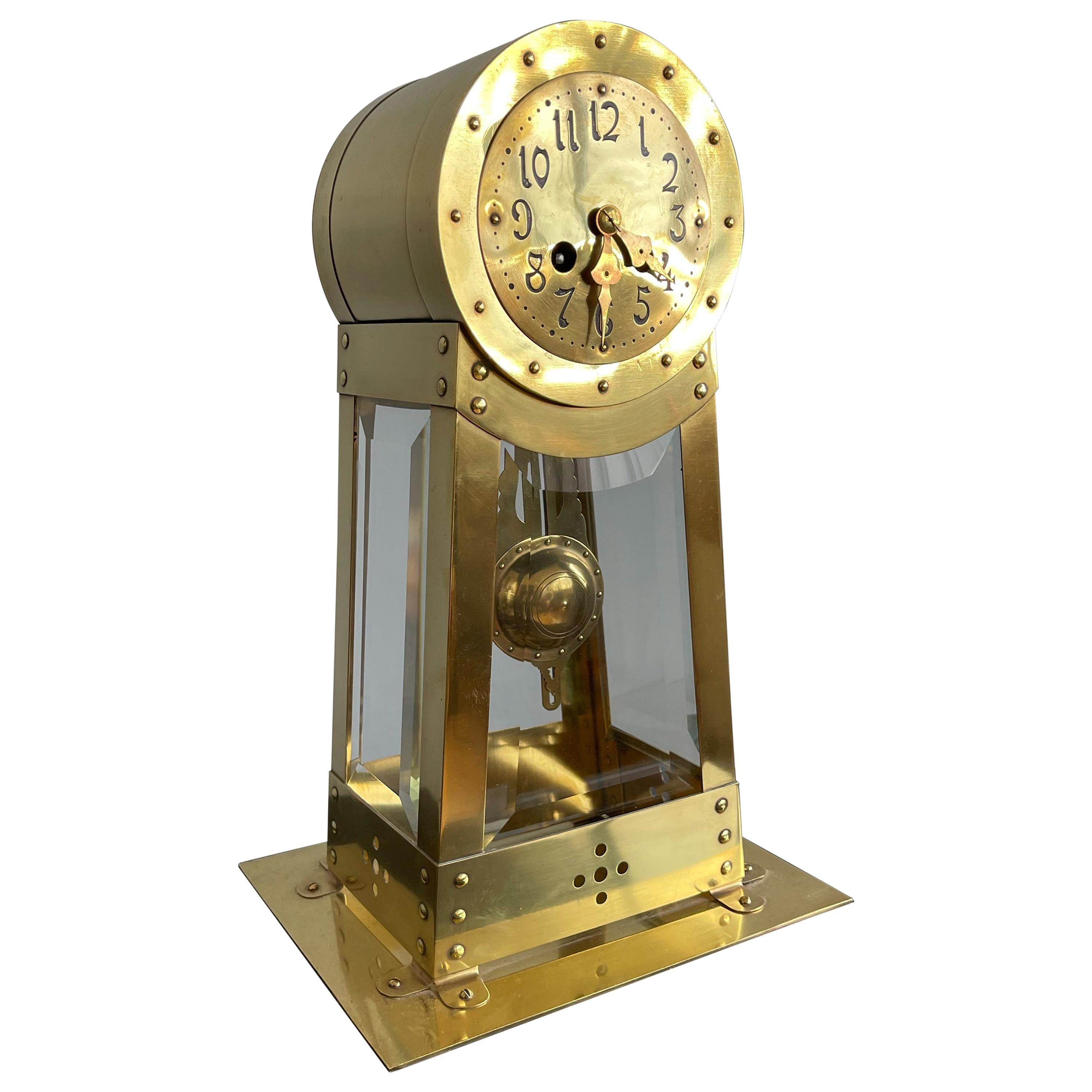 Dutch Modernist Design Hand Crafted Brass & Beveled Glass Table / Mantle Clock