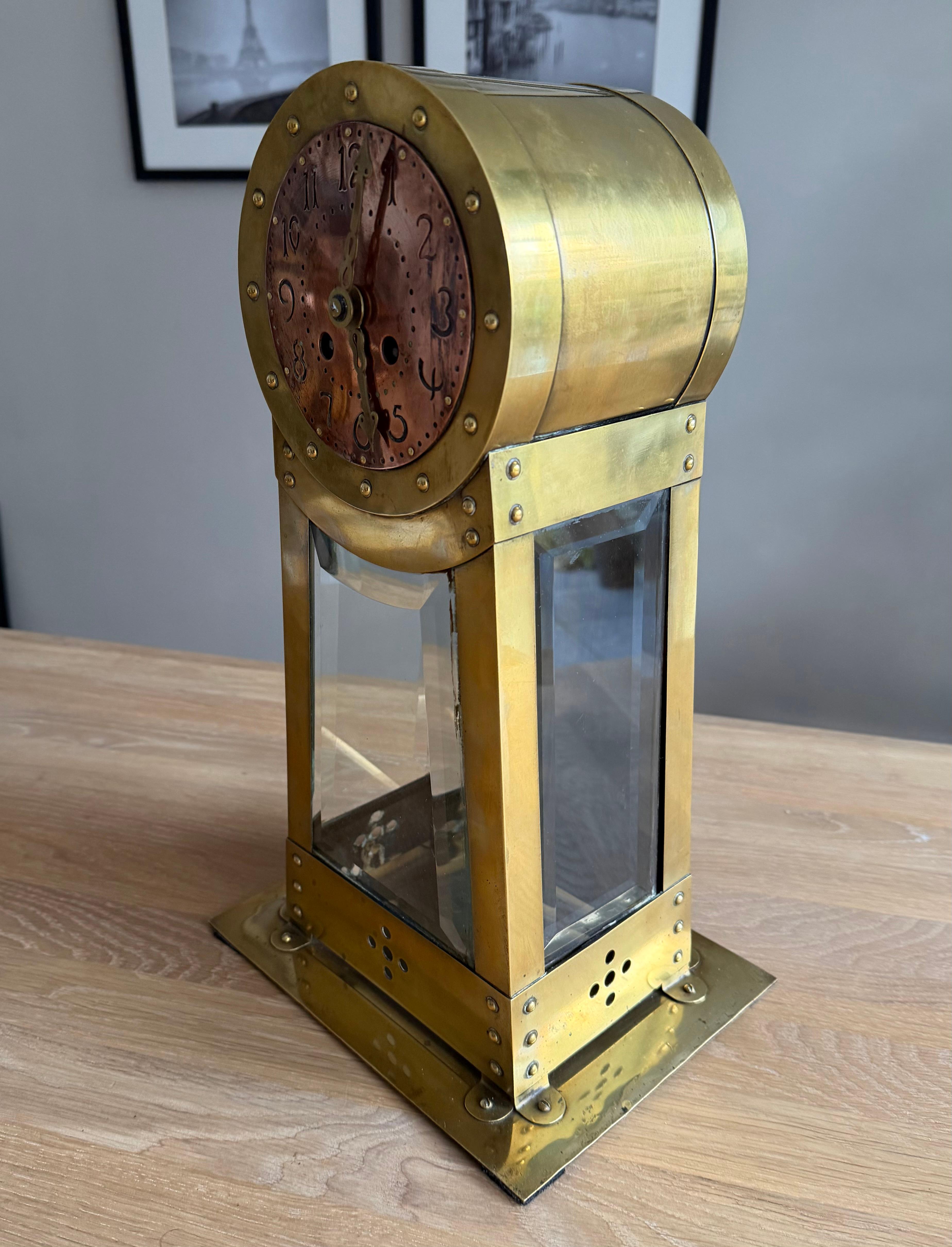 Dutch Modernist Design Hand Crafted Brass & Beveled Glass Table / Mantle Clock For Sale 10